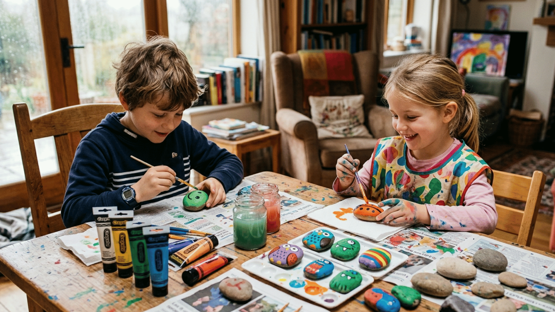 rock painting activity for kids creating colorful designs patterns and faces on stones for creative time