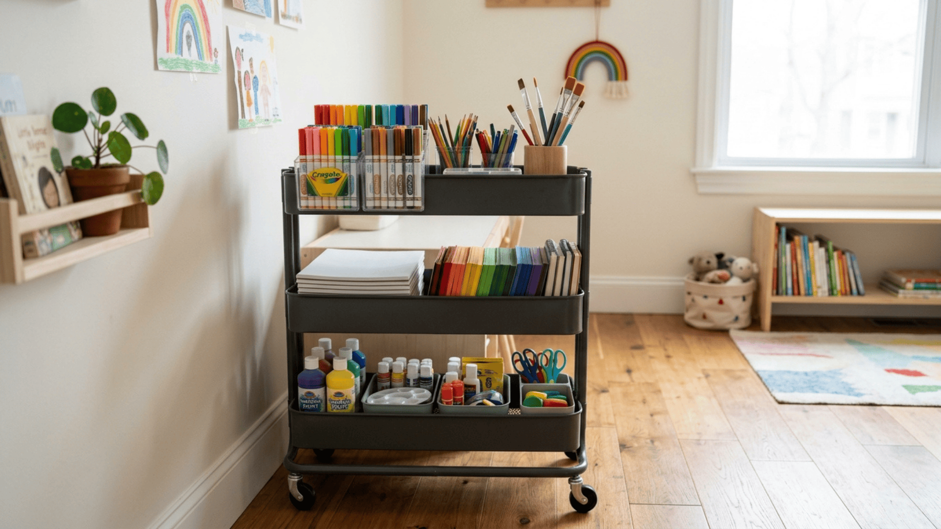 rolling cart with organized art supplies placed beside wall allowing easy movement and flexible use in a compact playroom