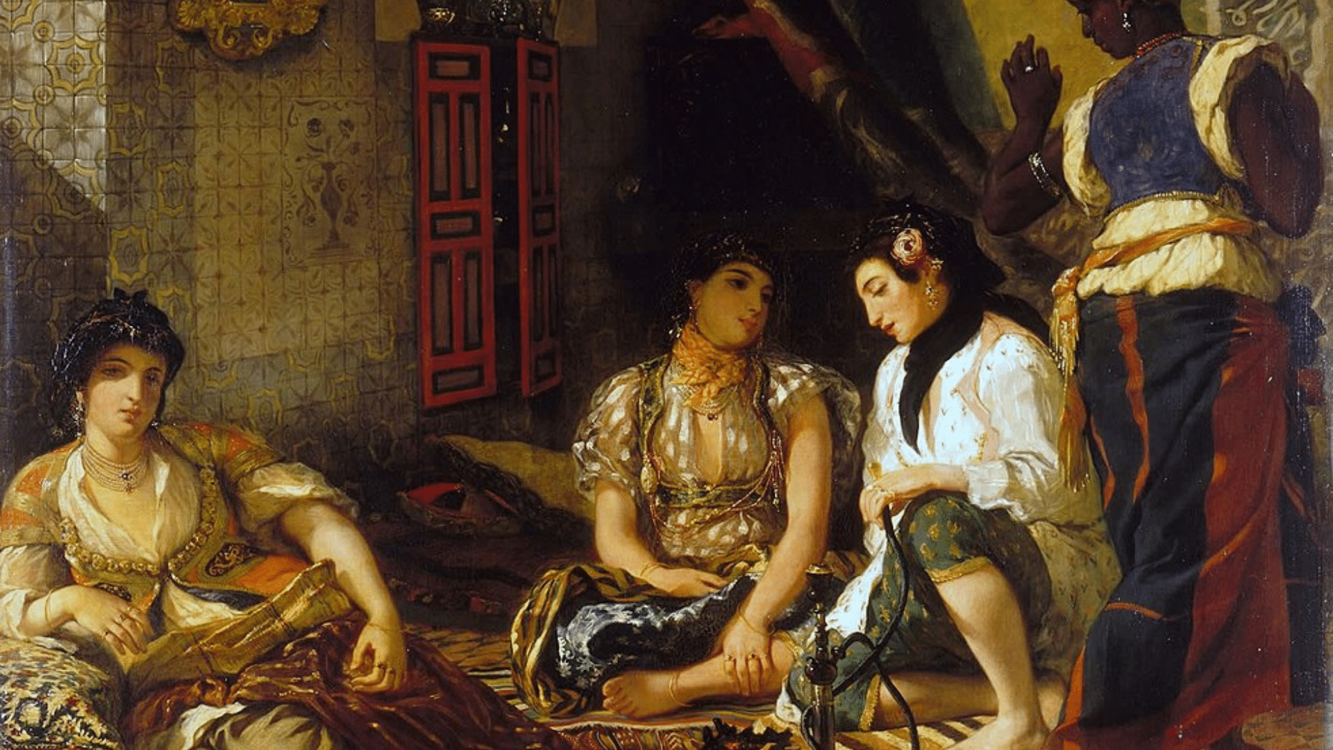 romanticist painting depicting women in an interior harem scene, with rich colours, soft edges, and expressive brushstrokes typical of romanticism