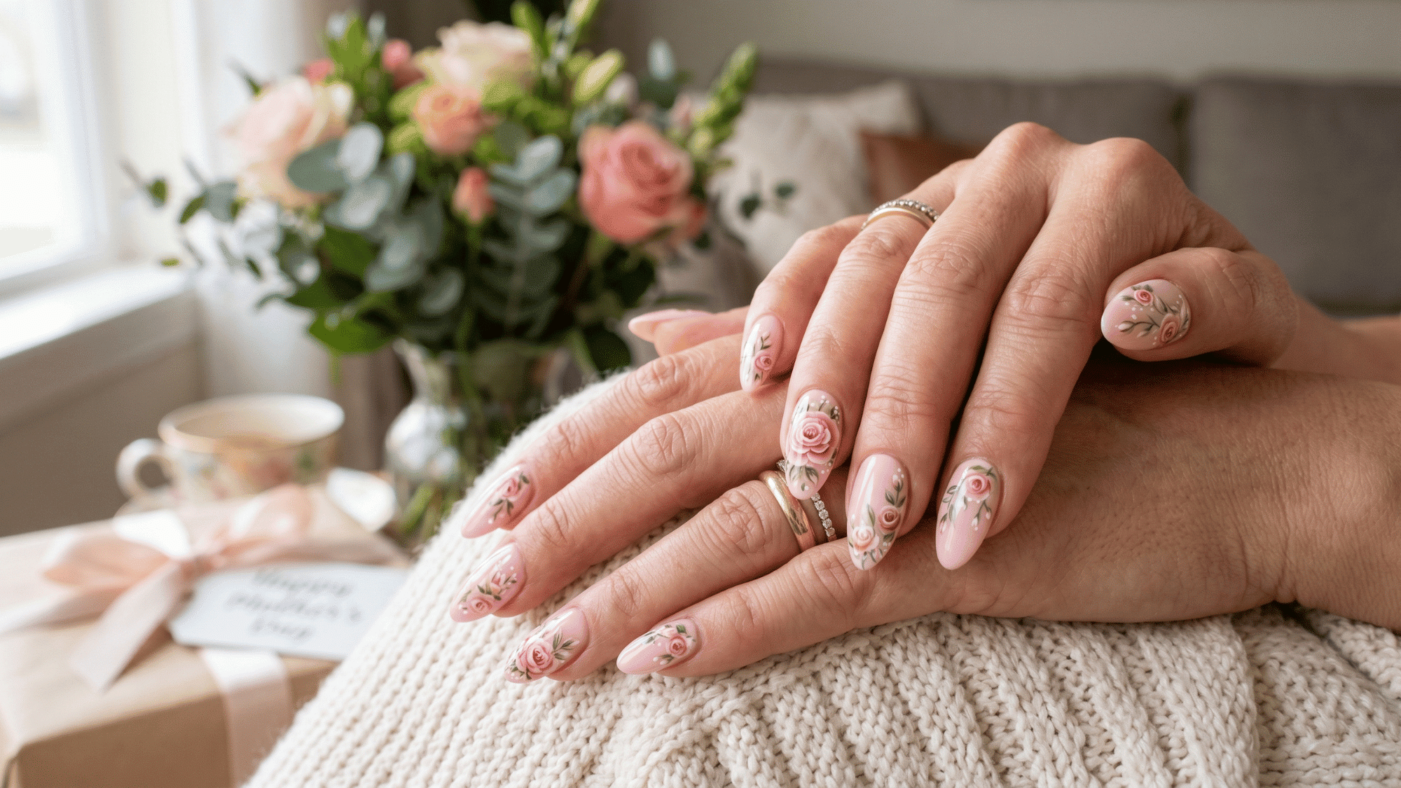 rose nail design with soft pink base and detailed floral art for mother’s day
