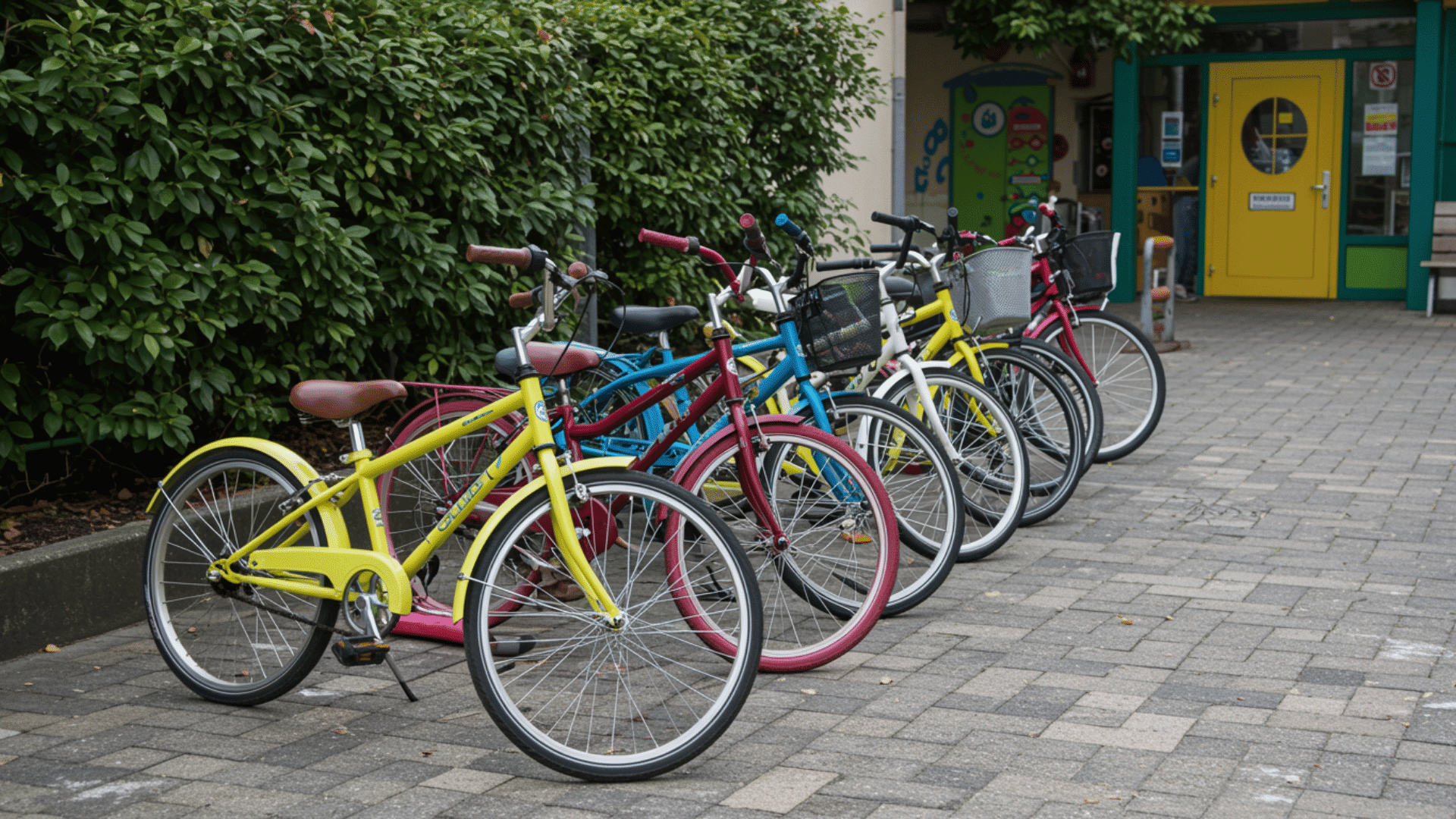 row of colorful bicycles parked neatly outside a building with greenery and a bright entrance in the background.