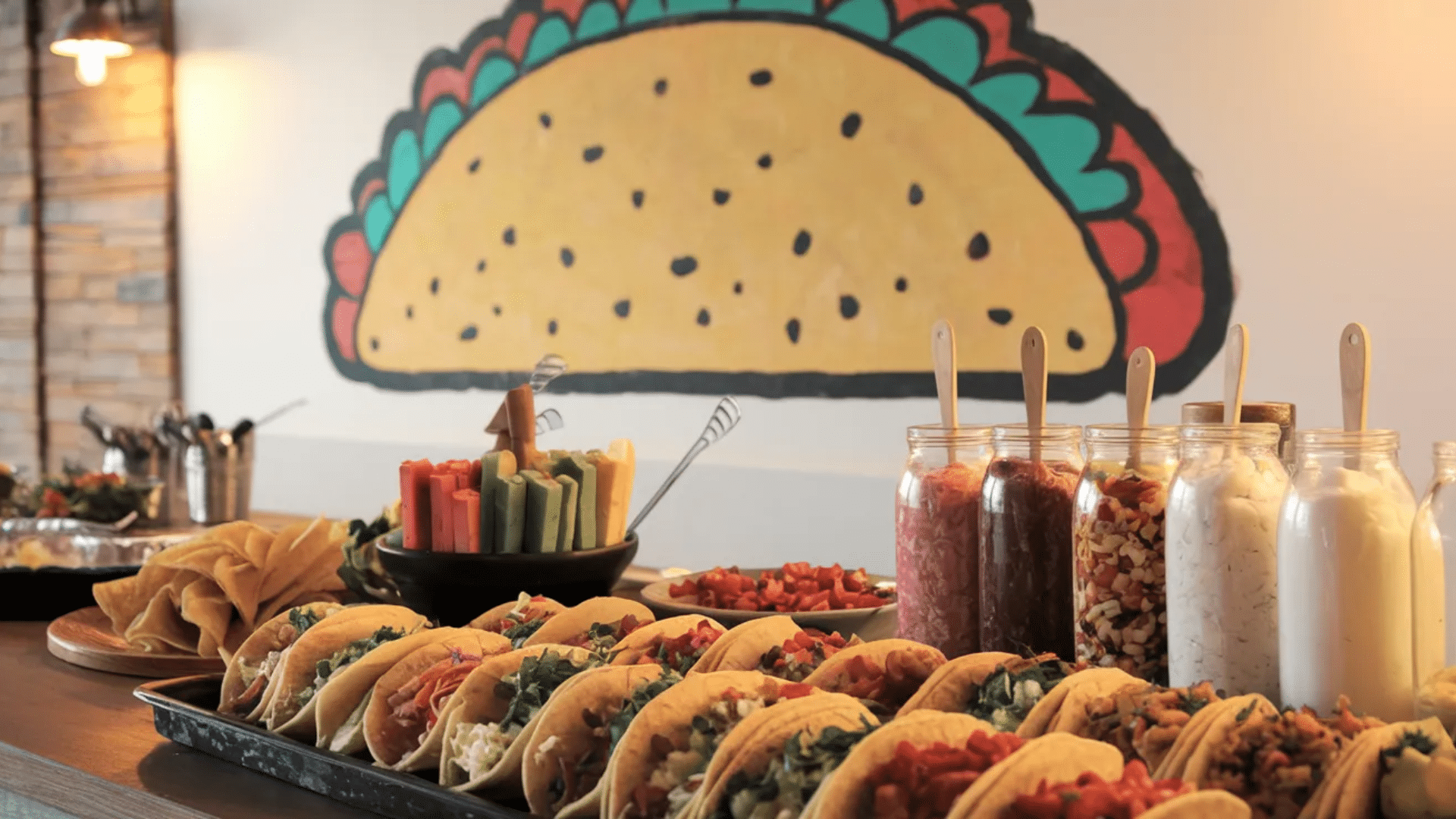 row of tacos filled with meat and toppings arranged on a serving platter indoors