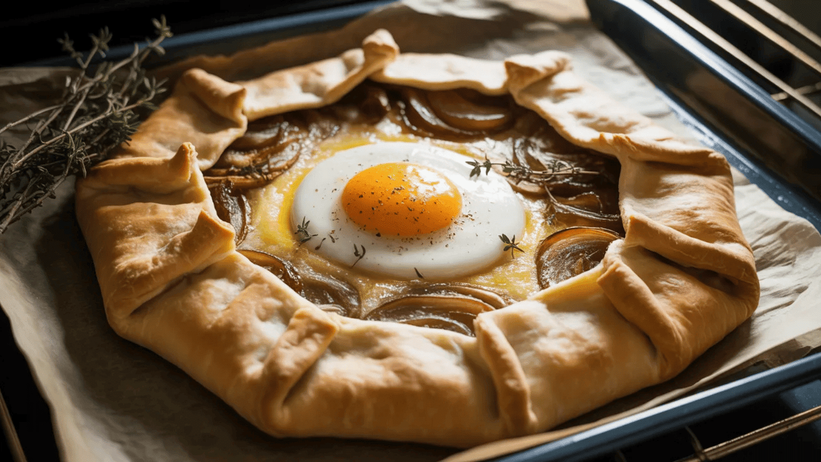 rustic golden galette on a baking tray, with folded pastry edges, caramelized onions, and melted gruyère filling; a baked egg in the center