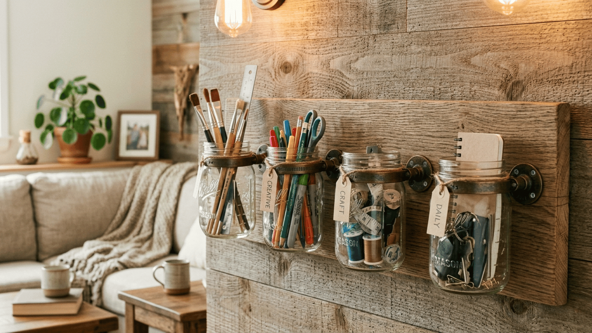rustic mason jar wall storage mounted on wooden board holding brushes, stationery and small items in a cozy living room setting