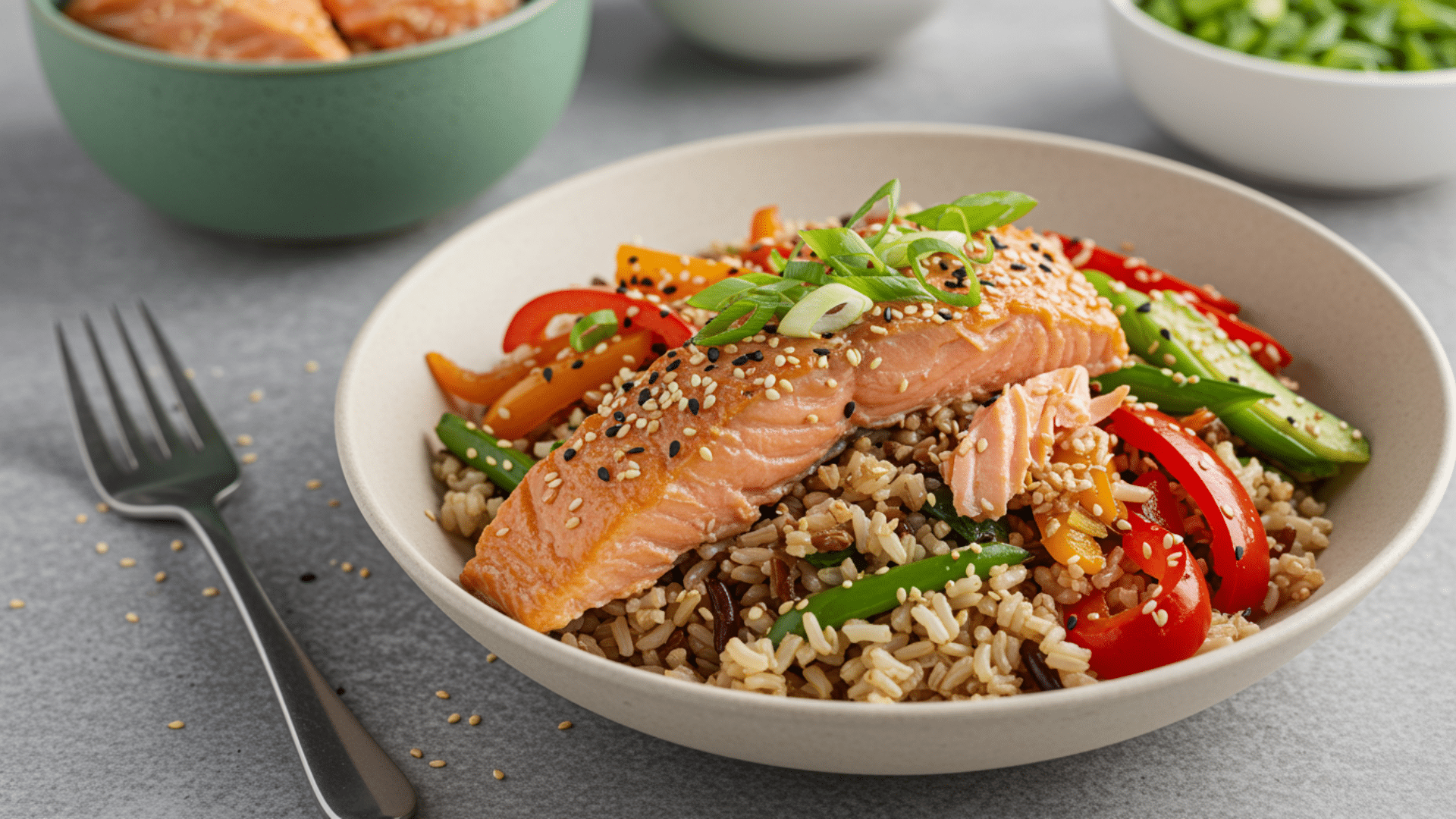 salmon fillet topped with sesame seeds served over brown rice with colorful vegetables in clean modern bowl