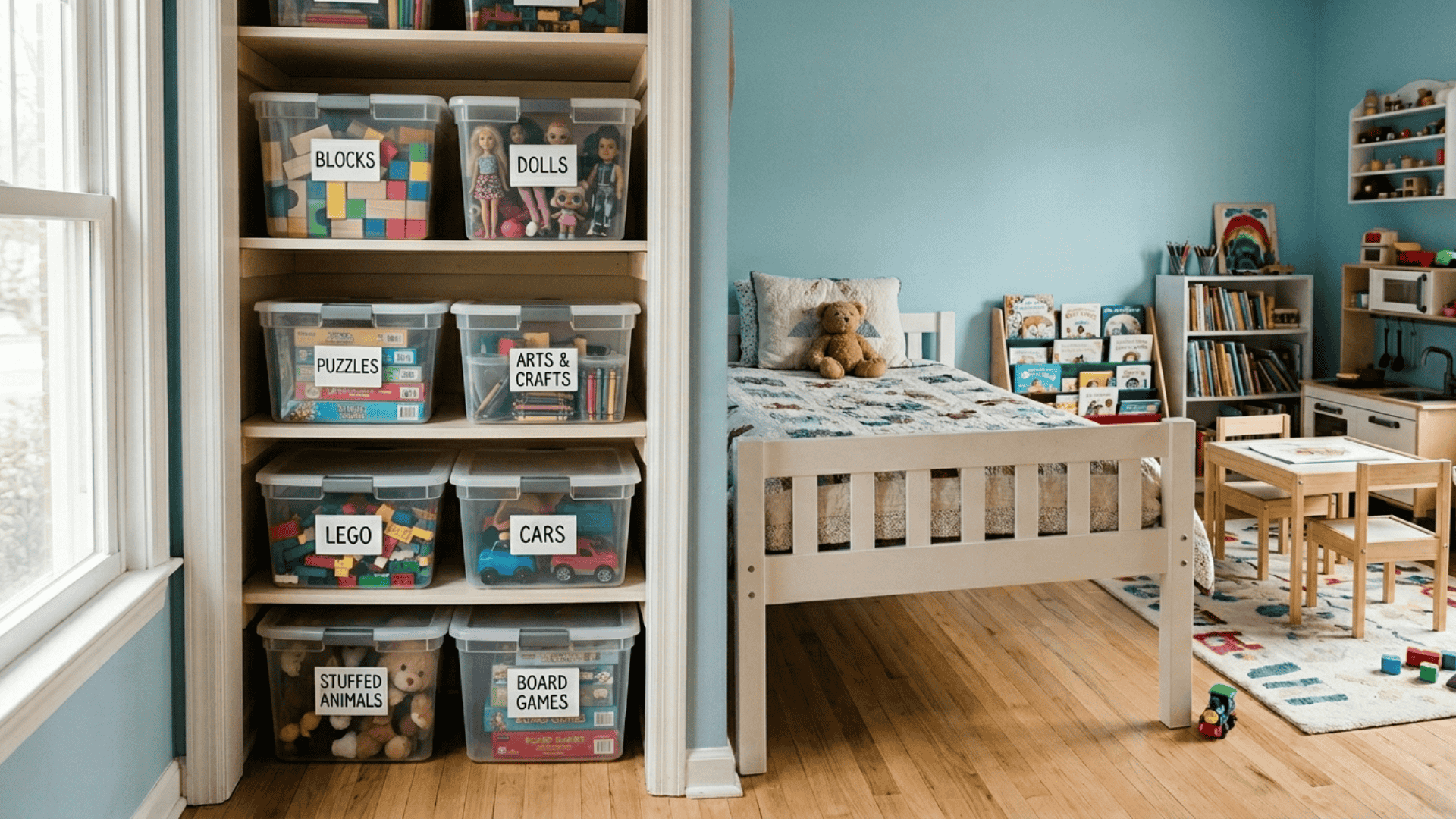 seasonal toy storage boxes with kids toys stacked in closet and under bed to keep playroom space organized and clutter free