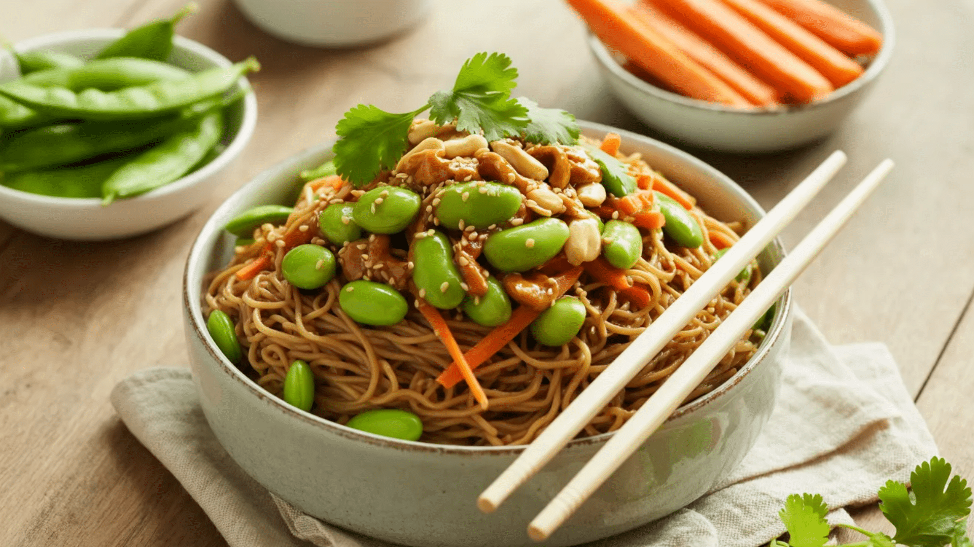 sesame noodle bowl with edamame carrots peanuts and chopsticks