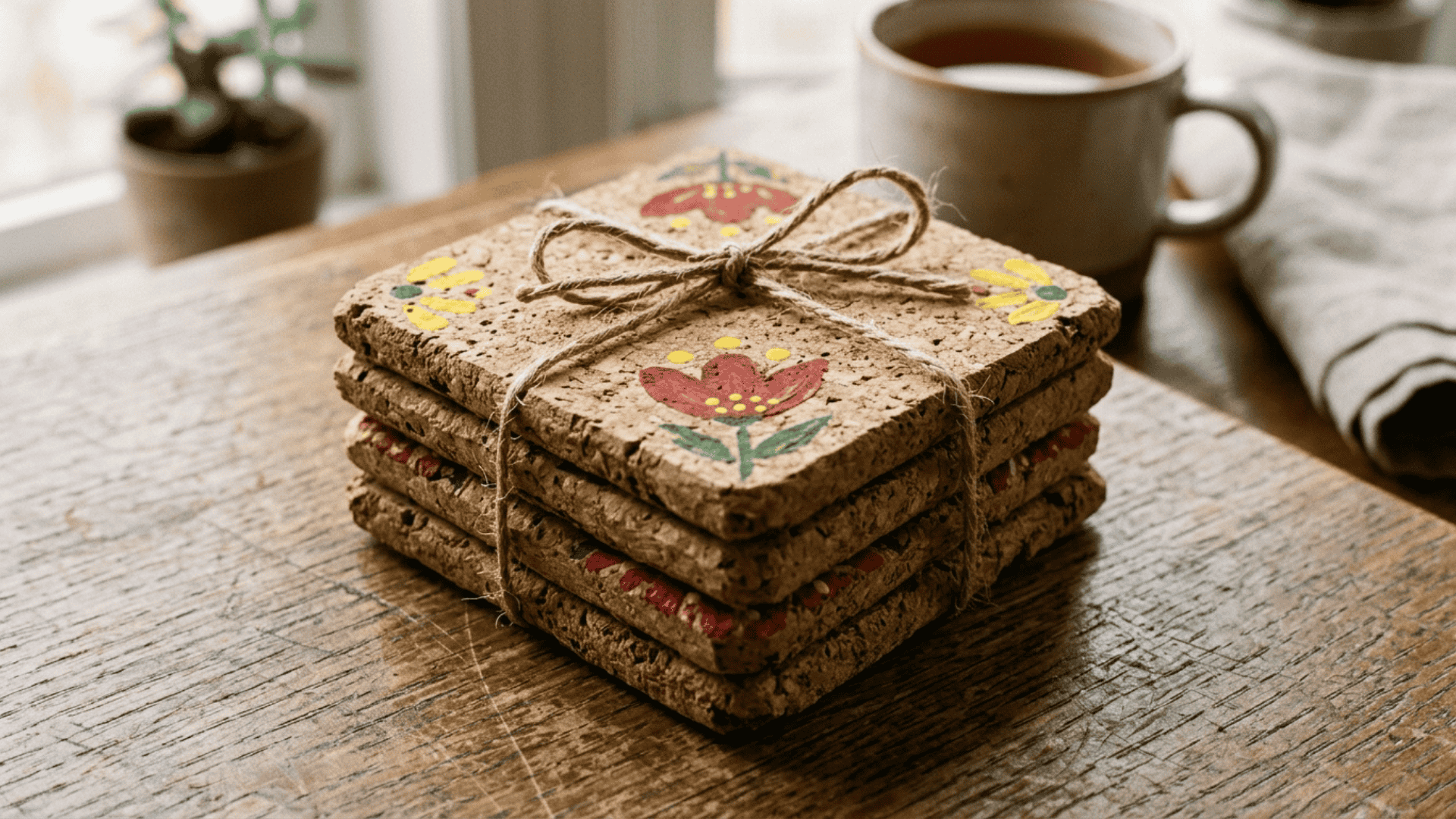 set of four cork coasters with hand-painted floral designs stacked and tied with twine as a diy gift for mom
