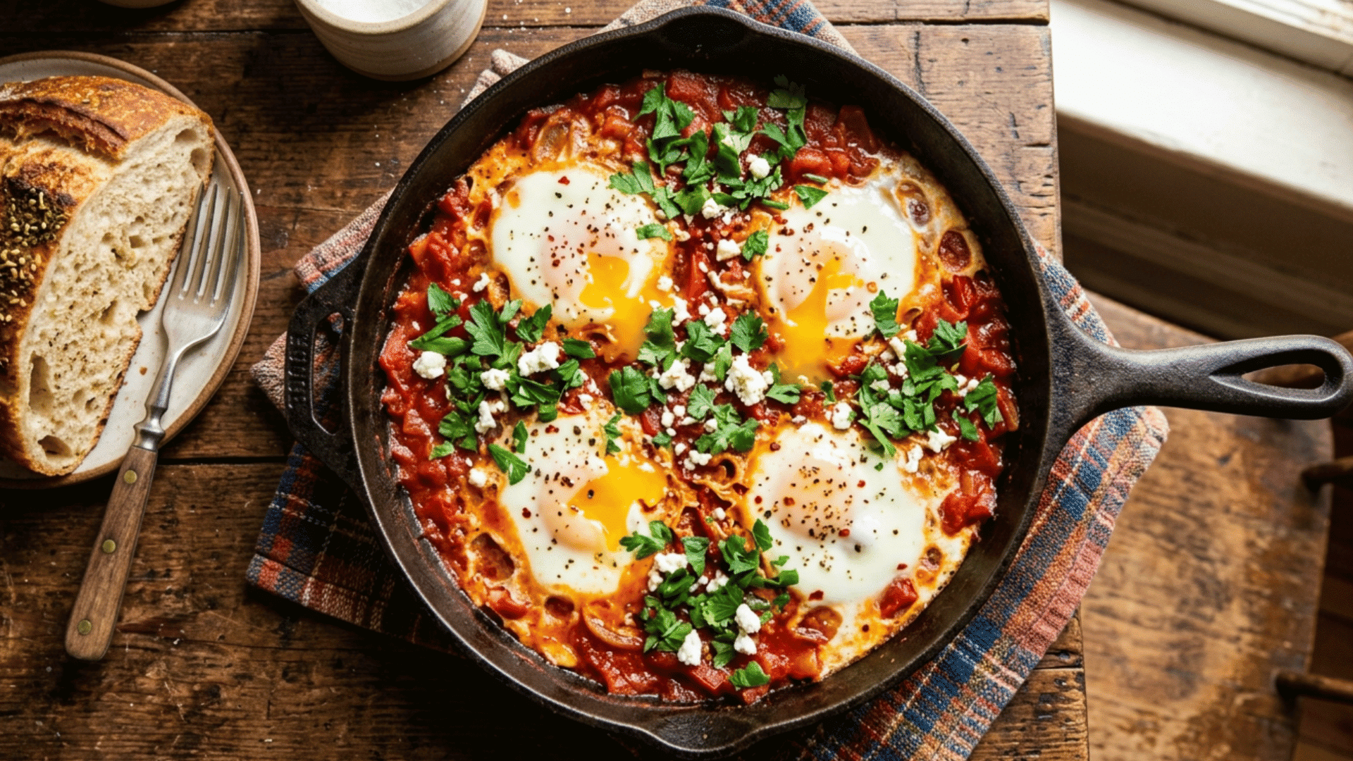 shakshuka with eggs poached in spiced tomato sauce served in a cast iron pan with crusty bread