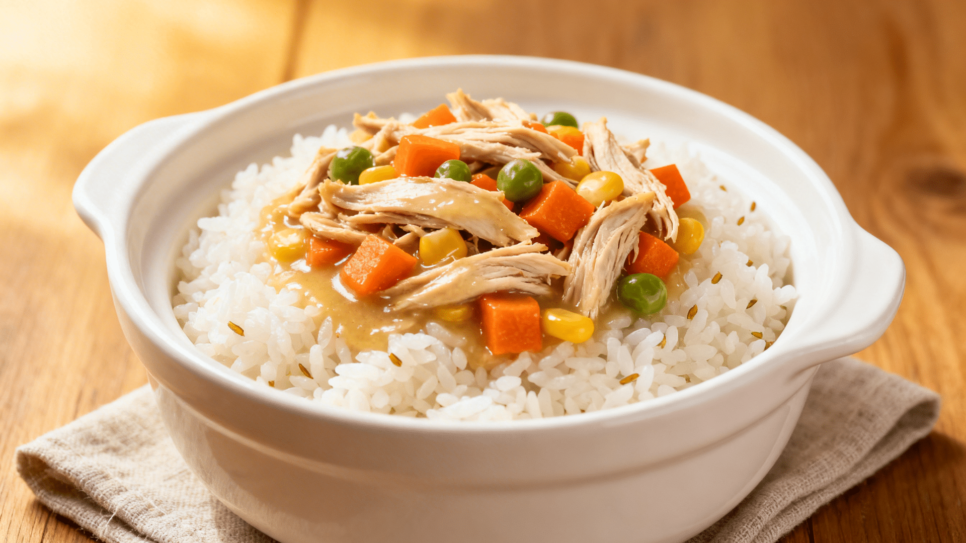 shredded chicken with mixed vegetables and light gravy served over white rice in simple white bowl on wooden table