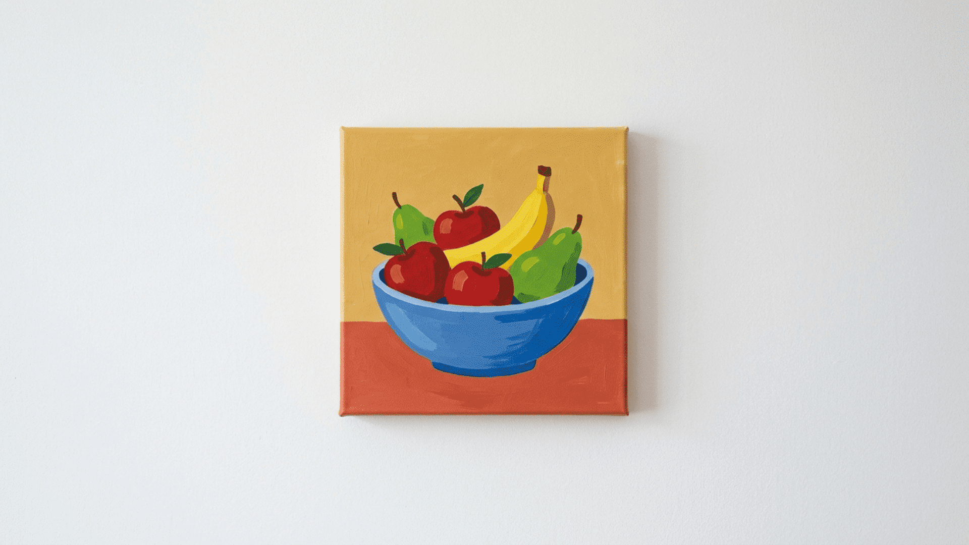 simple acrylic paint still life canvas of a fruit bowl with bold flat colors in reds yellows and greens on white background