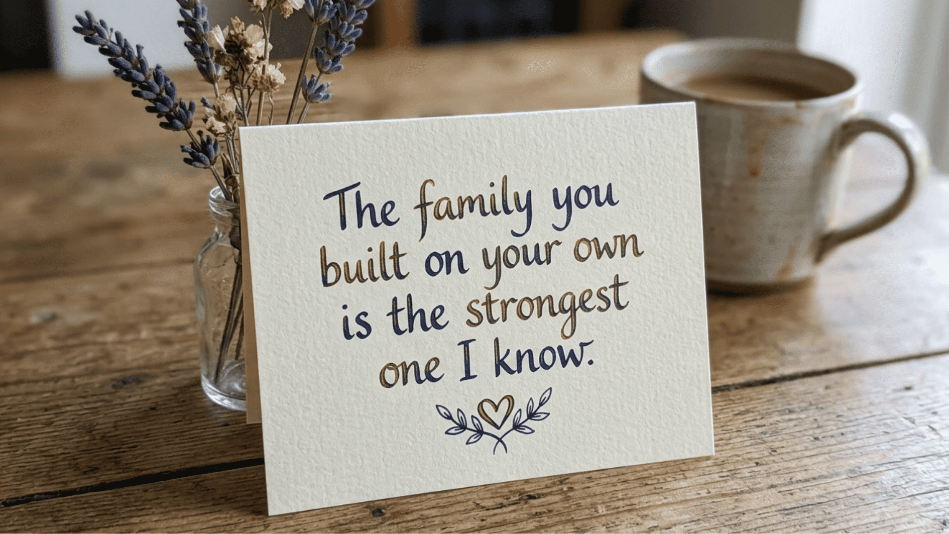 simple folded card with a meaningful message about family strength, styled with a glass jar of flowers and a cup of coffee nearby