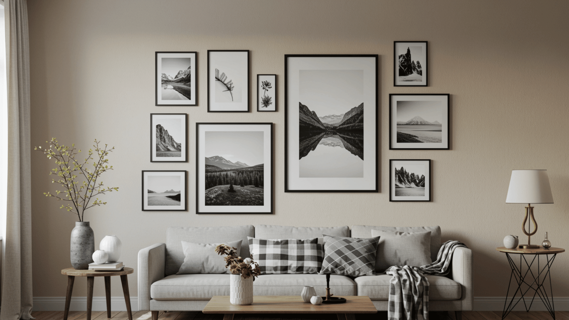 simple gallery wall with printed art in frames, neutral living room setup, balanced layout with cozy decor elements