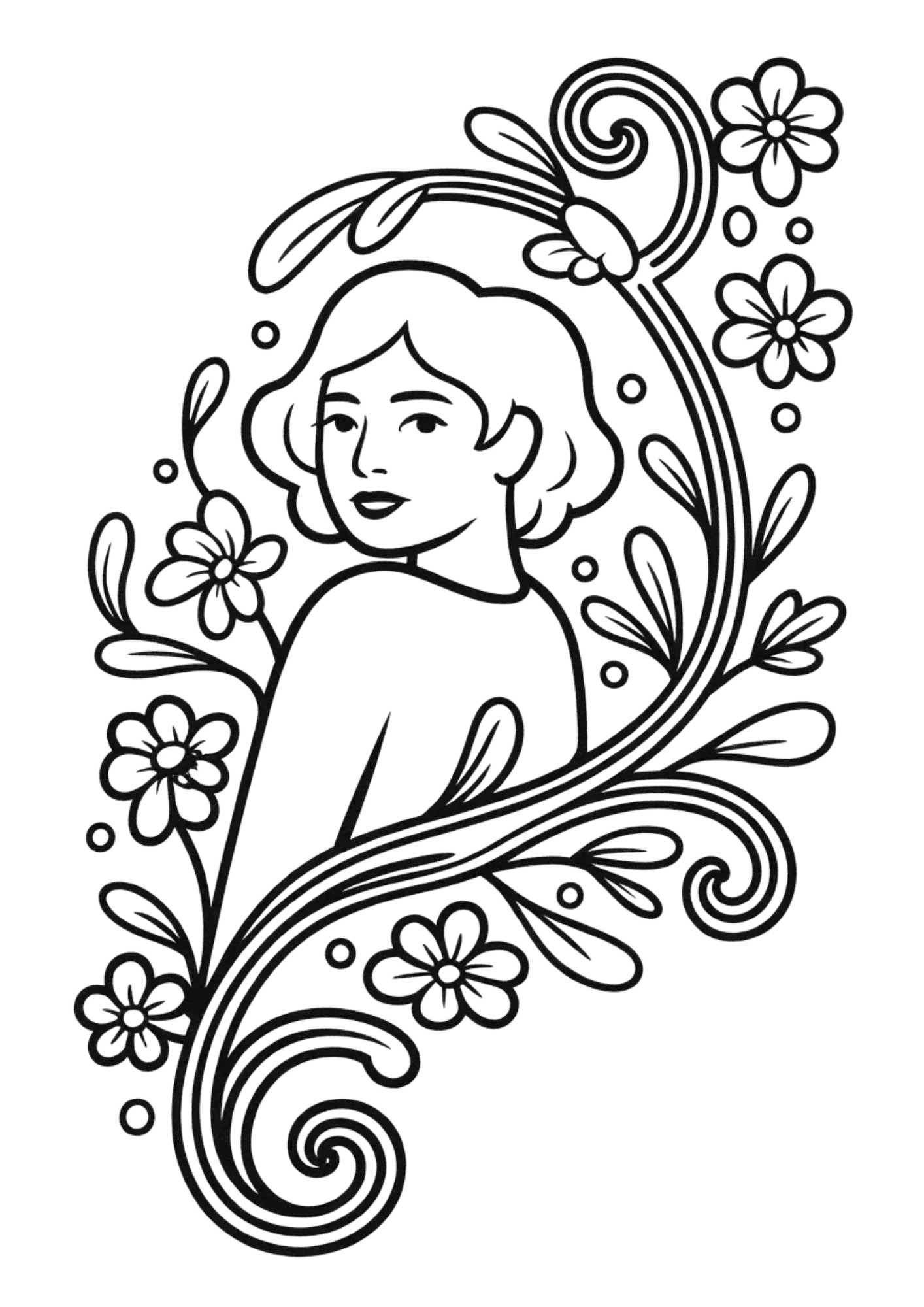 simple portrait of a woman surrounded by swirling floral vines and flowers in an elegant decorative frame