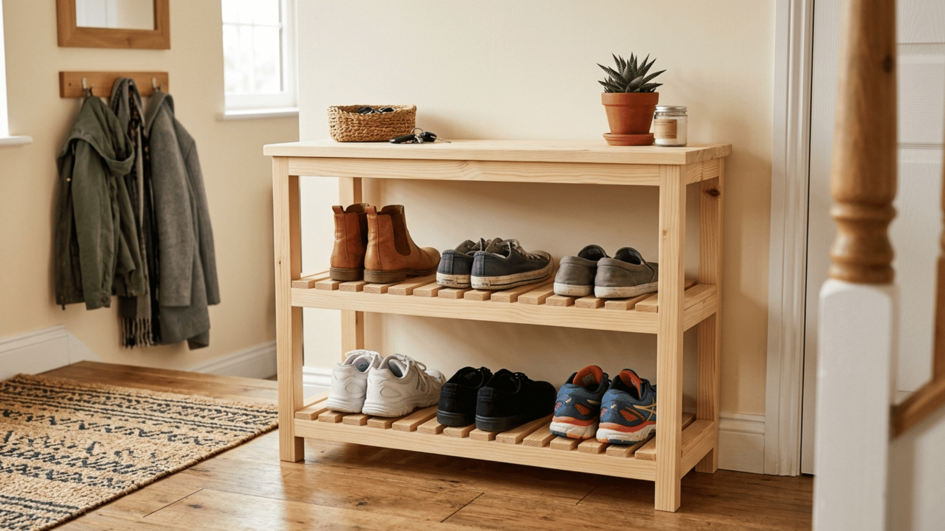simple wooden shoe rack with neatly arranged shoes in an entryway.