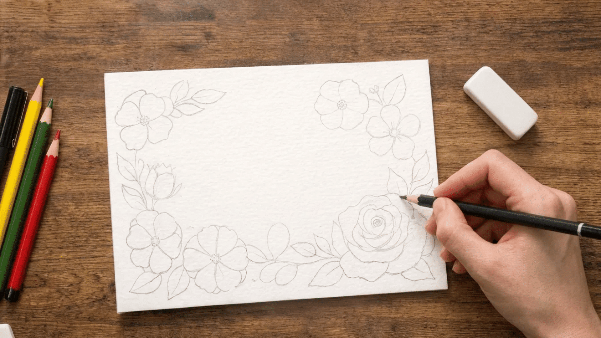 sketch basic flower shapes lightly with a pencil on the blank card