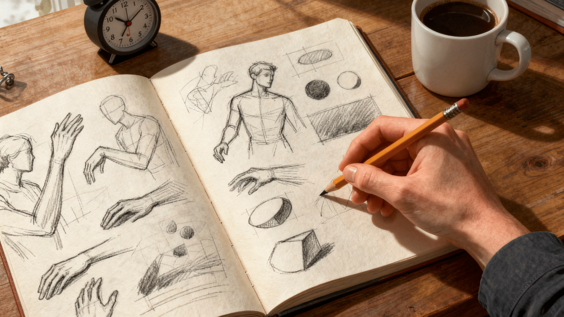 sketchbook filled with gesture drawings, hand studies, and quick practice sketches with a pencil at a desk