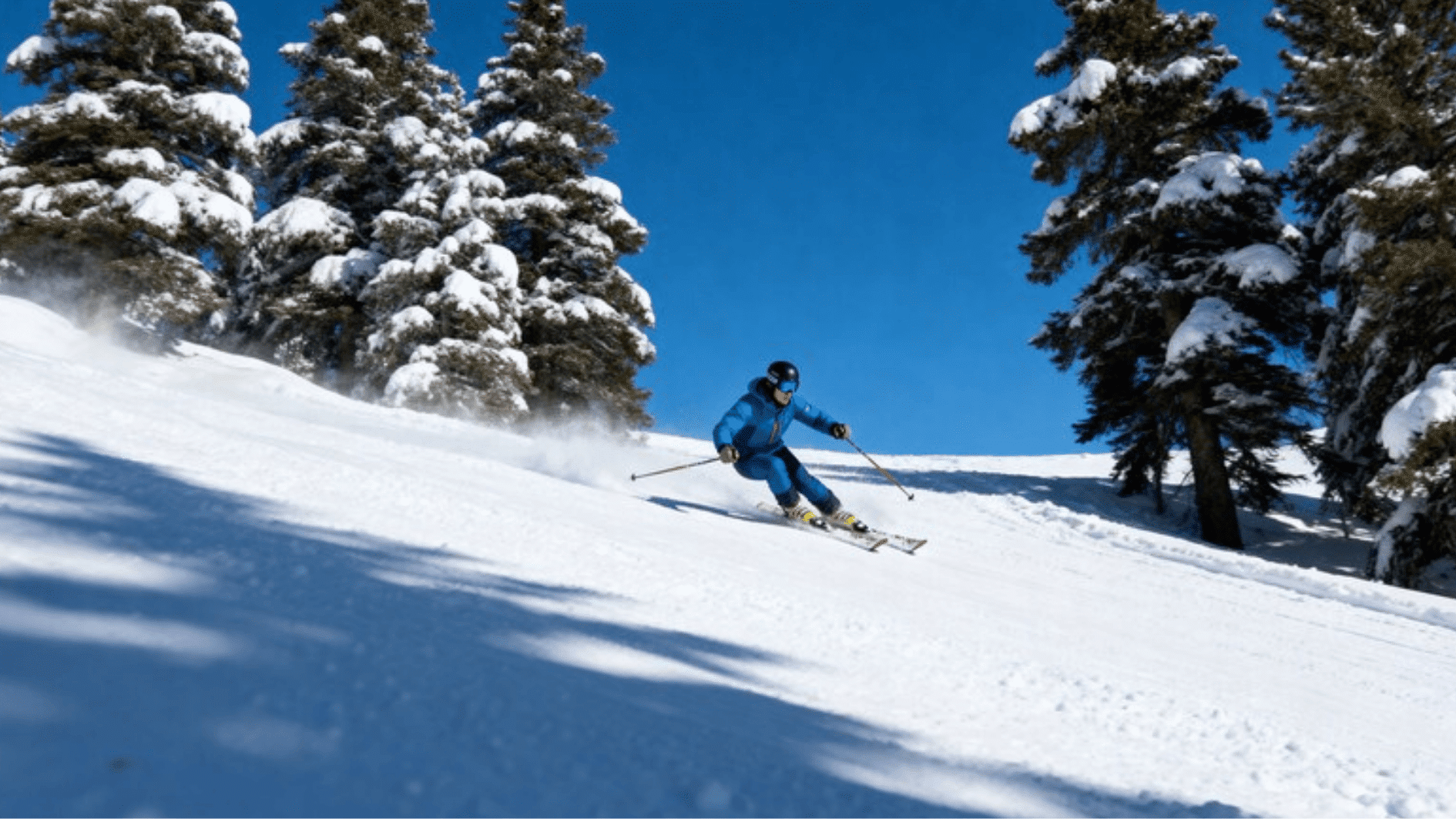 skier in bright winter gear carving down a wide snowy mountain slope, blue sky above, pine trees dusted with snow on either side