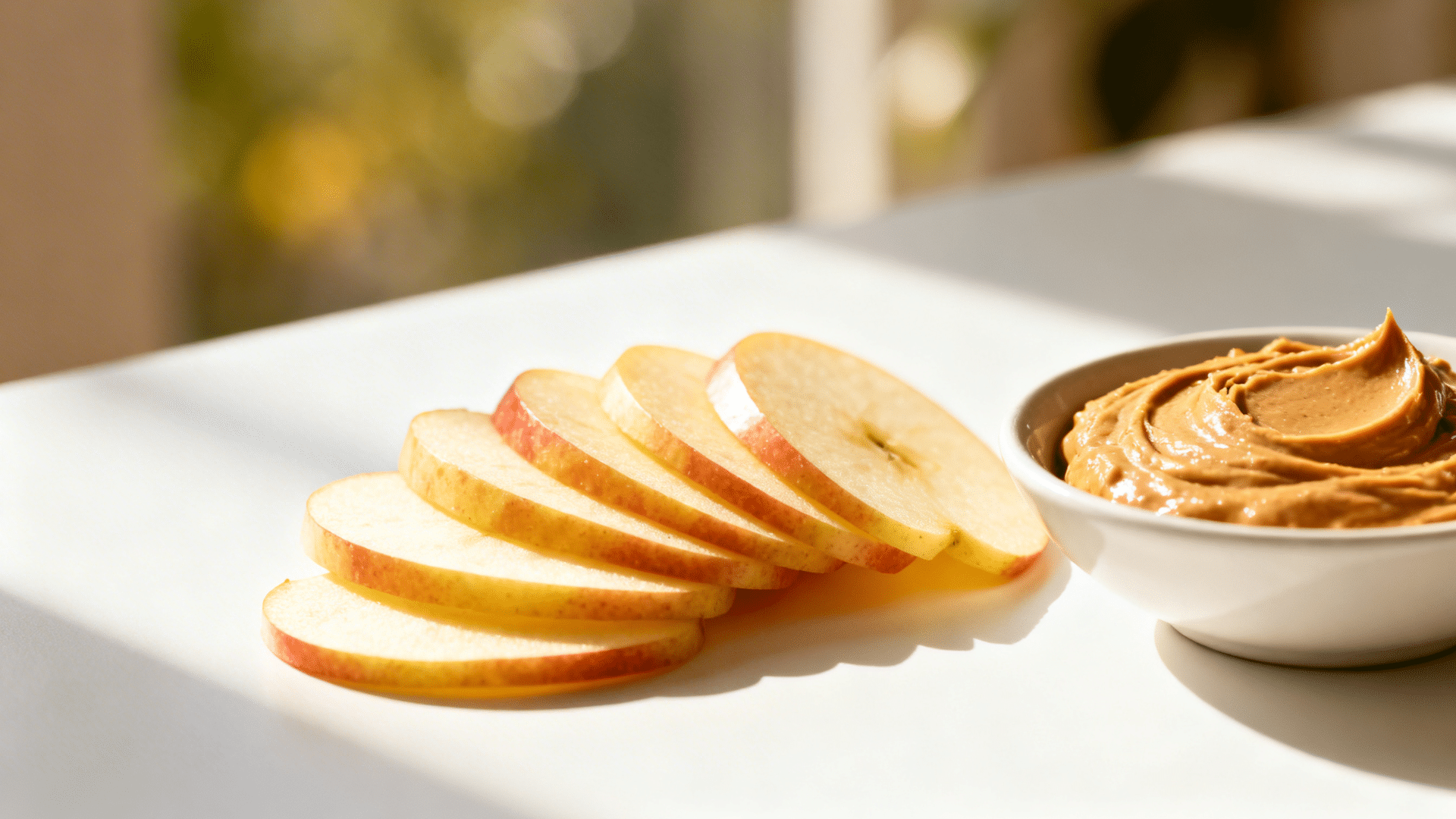 sliced apples arranged beside creamy peanut butter dip in small bowl placed on clean white surface with soft light