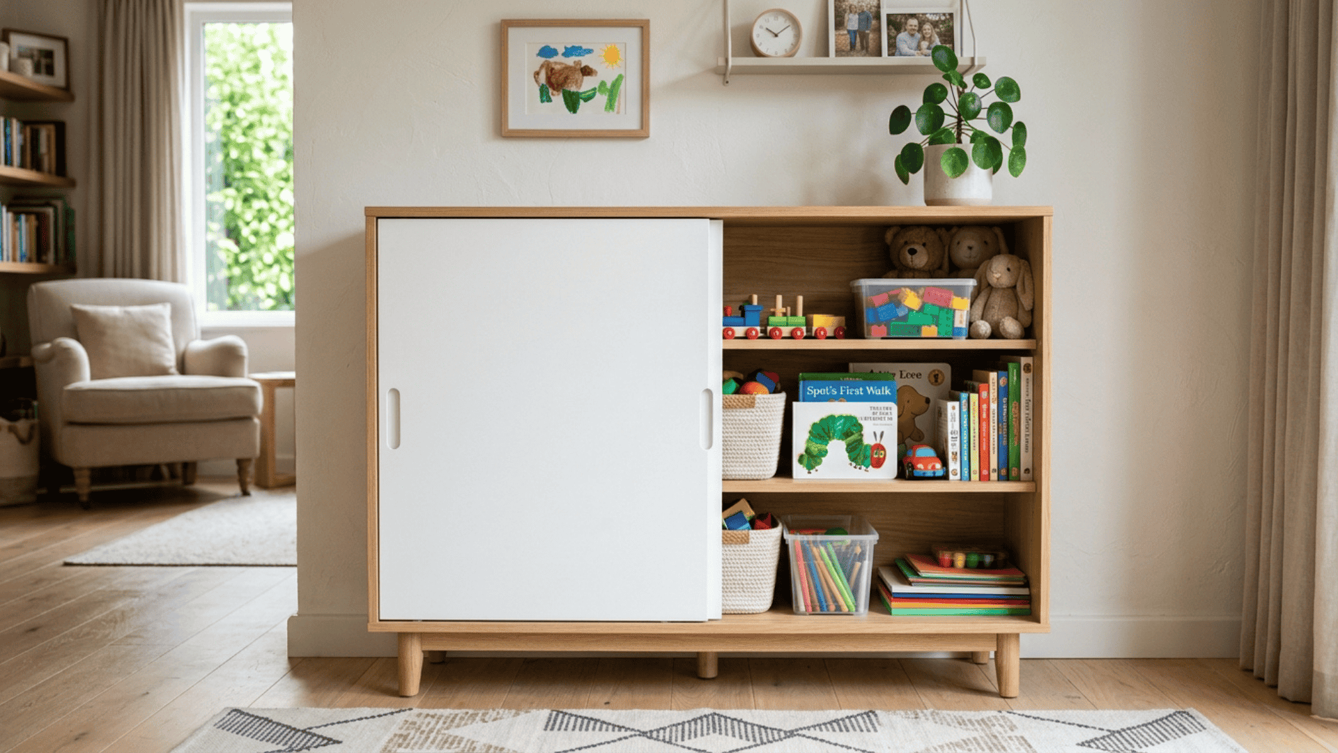 sliding storage cabinet with hidden compartments saving space in a compact playroom layout