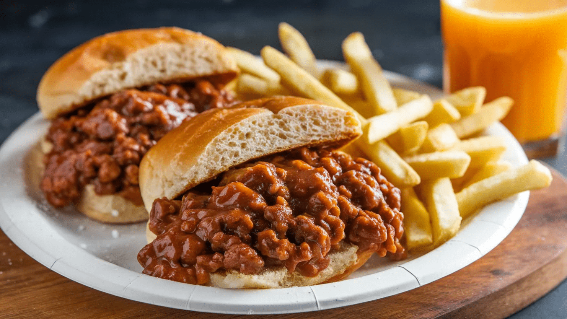 sloppy joe sandwiches filled with saucy ground beef served with fries and a glass of orange juice on a wooden table