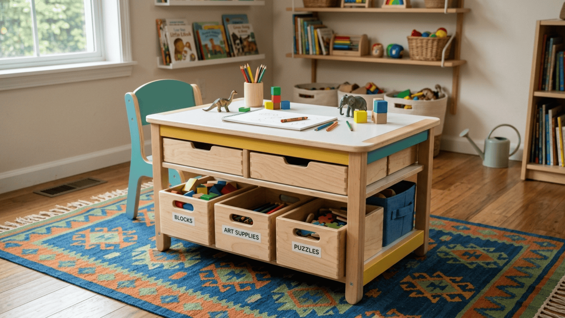 small activity table with built in storage compartments placed neatly in a compact playroom