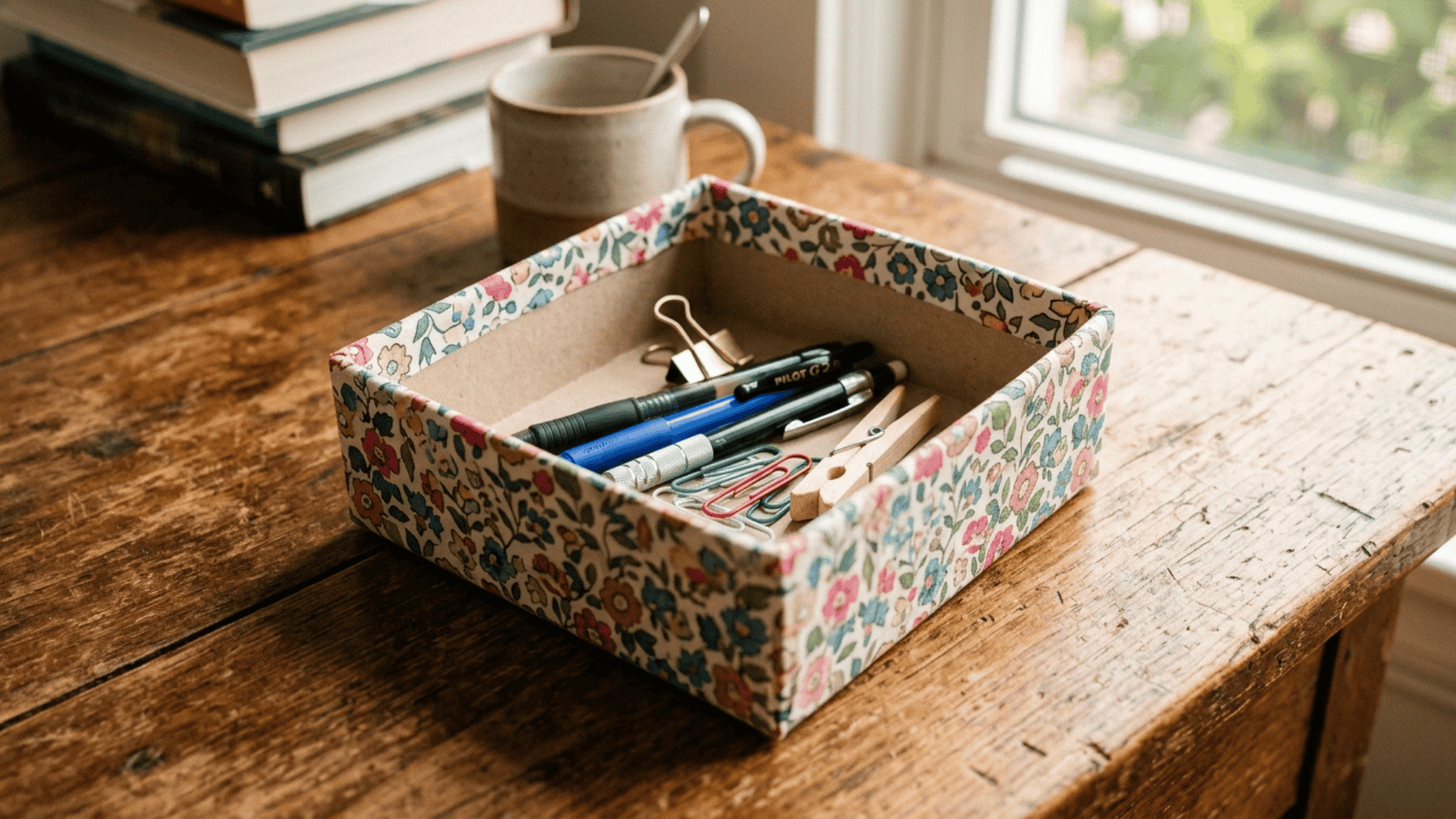 small cardboard box covered in floral fabric with neatly folded edges used as a diy fabric storage box gift