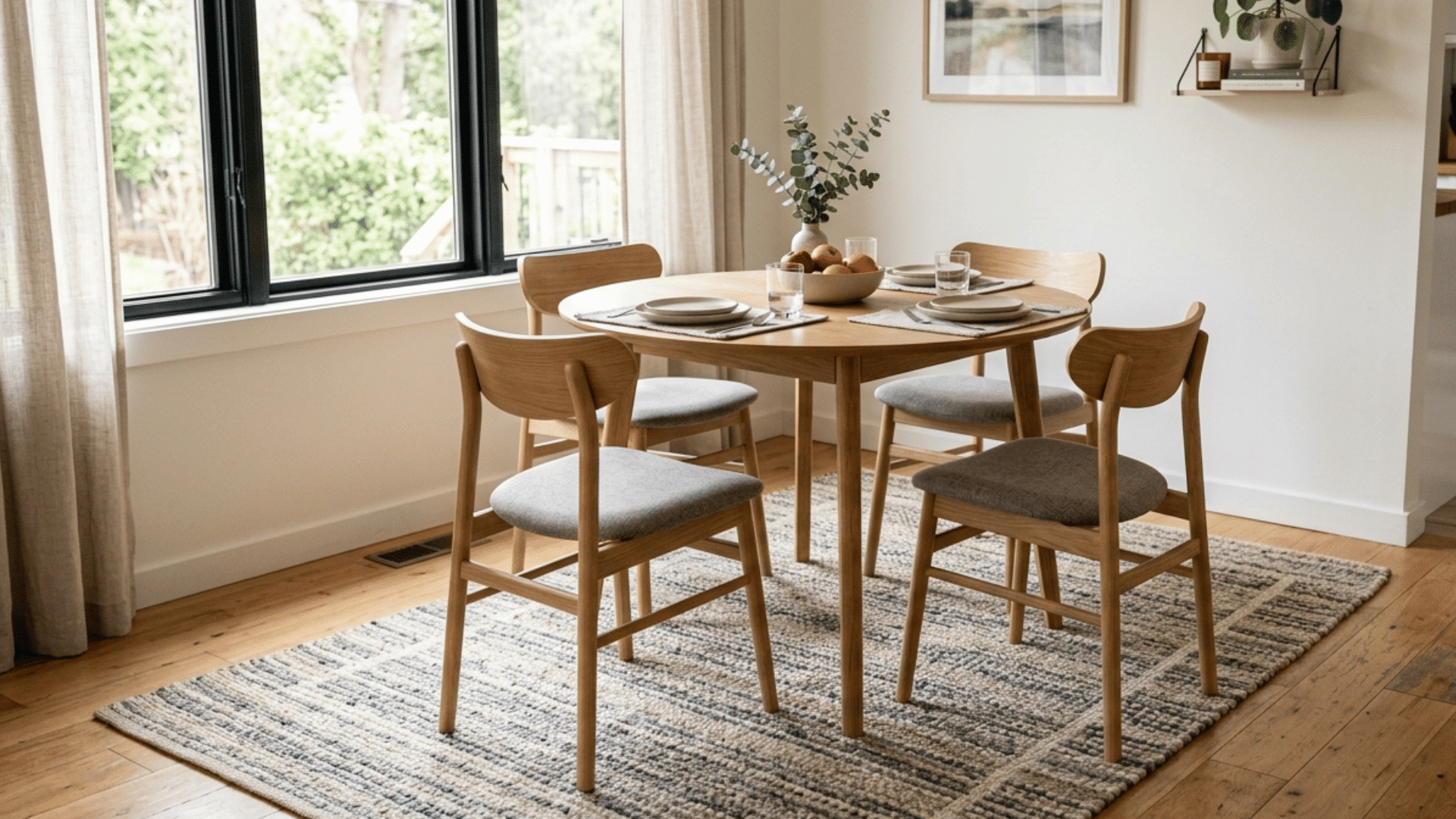 small dining area with table and chairs on 6x9 rug showing proper size and spacing