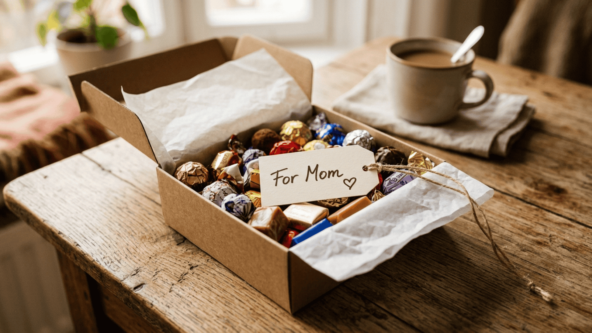small gift box filled with assorted wrapped chocolates and a handwritten for mom tag as a diy mothers day gift