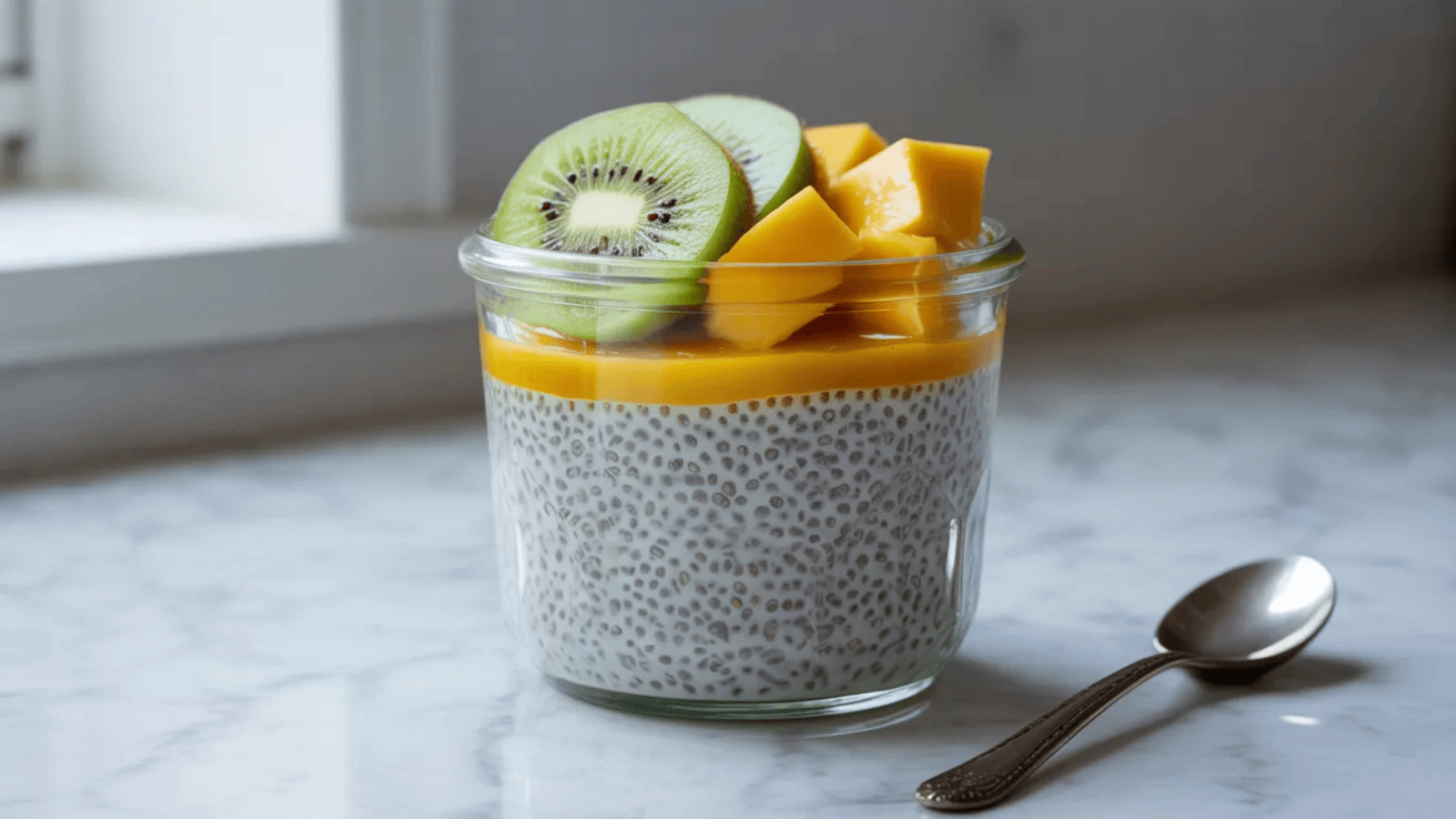small glass jar filled with thick white chia seed pudding, topped with sliced kiwi and fresh mango pieces, and drizzled with honey