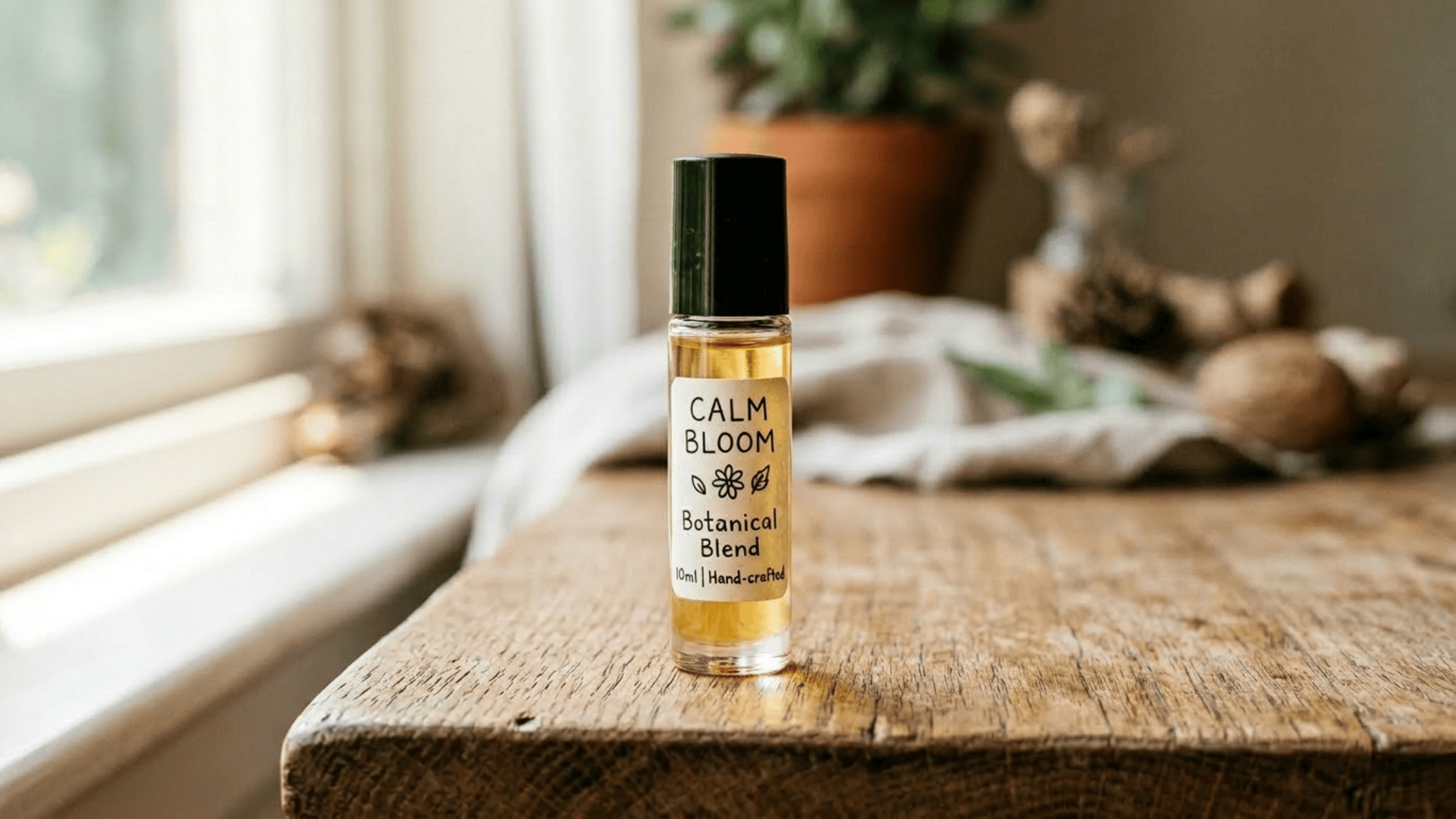 small glass roller bottle filled with diy essential oil perfume with a handwritten label made as a homemade gift for mom