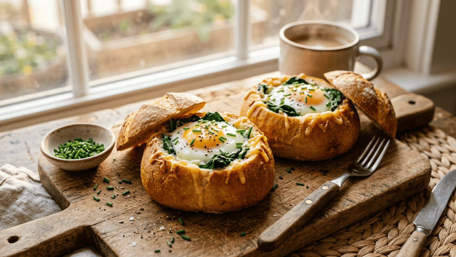 small golden bread rolls with their tops removed, filled with wilted spinach and a baked egg set just softly inside, melted cheese visible