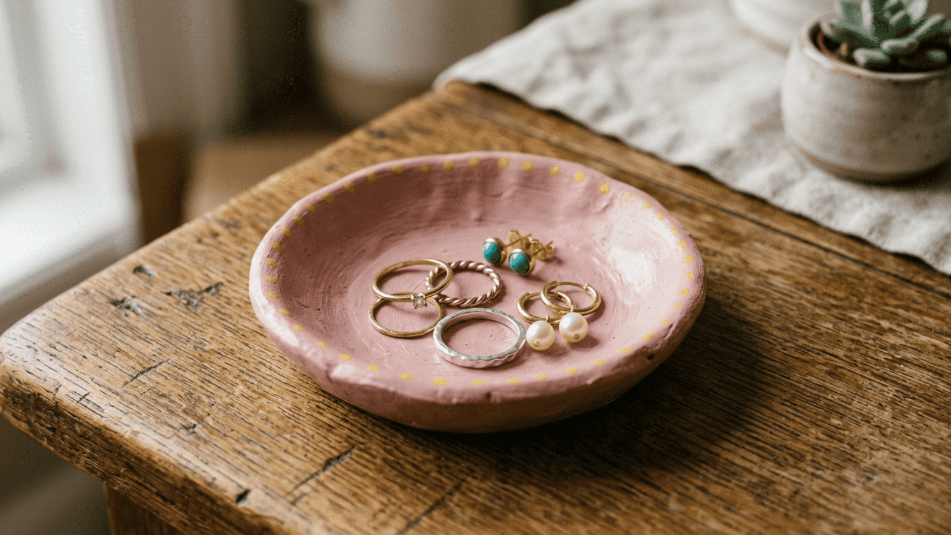 small handmade clay jewelry dish painted pink with yellow dots holding rings and earrings as a diy mothers day gift