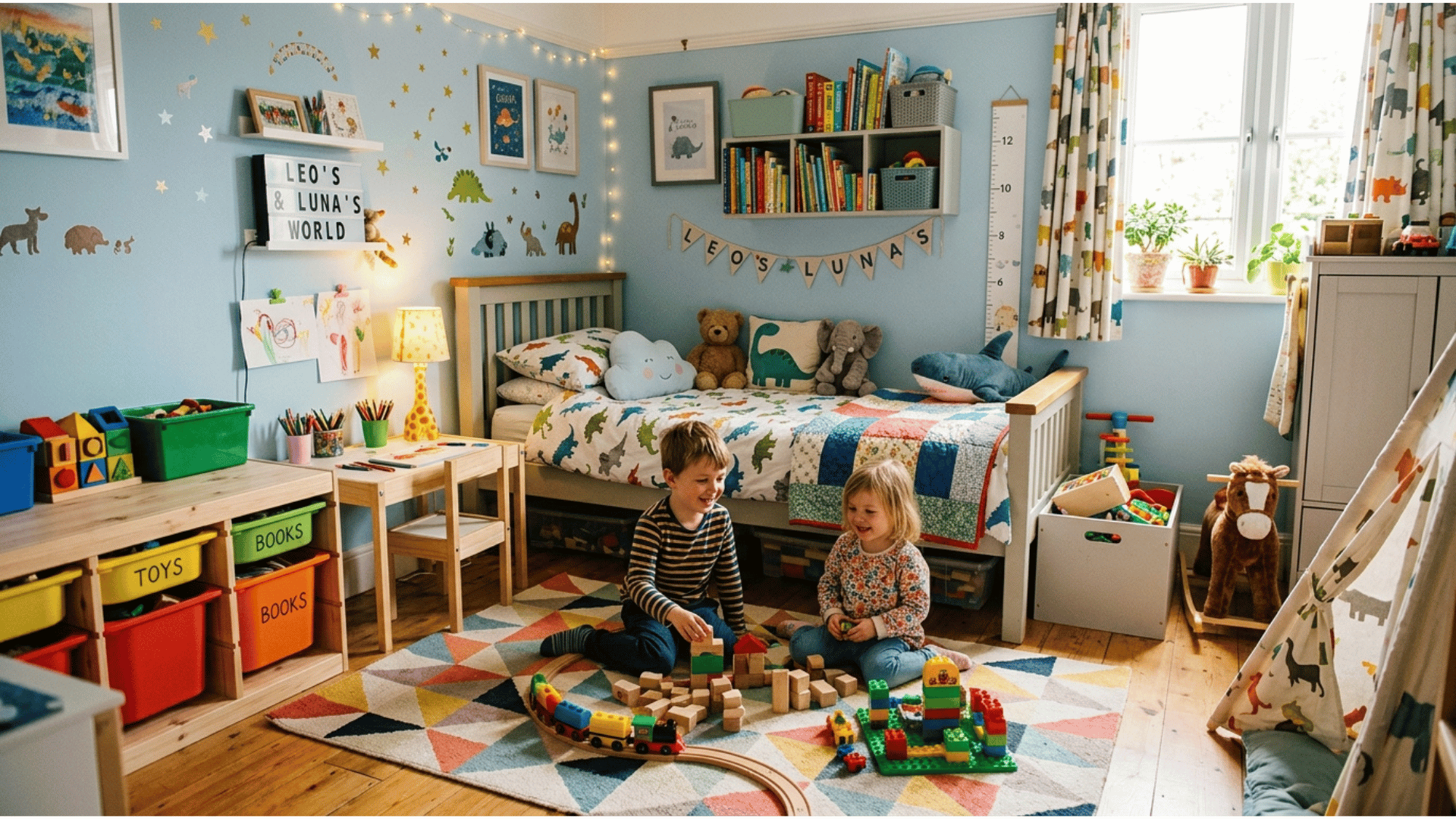 small kids room with single bed, toy shelves, study table, and playful wall decor.
