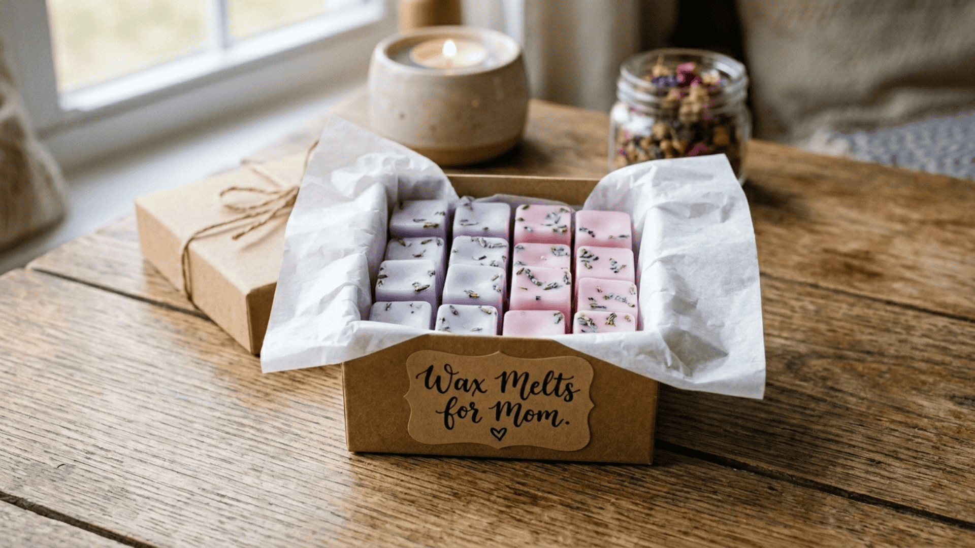 small lavender and pink wax melt cubes packed in a kraft paper box with a handwritten label for mom