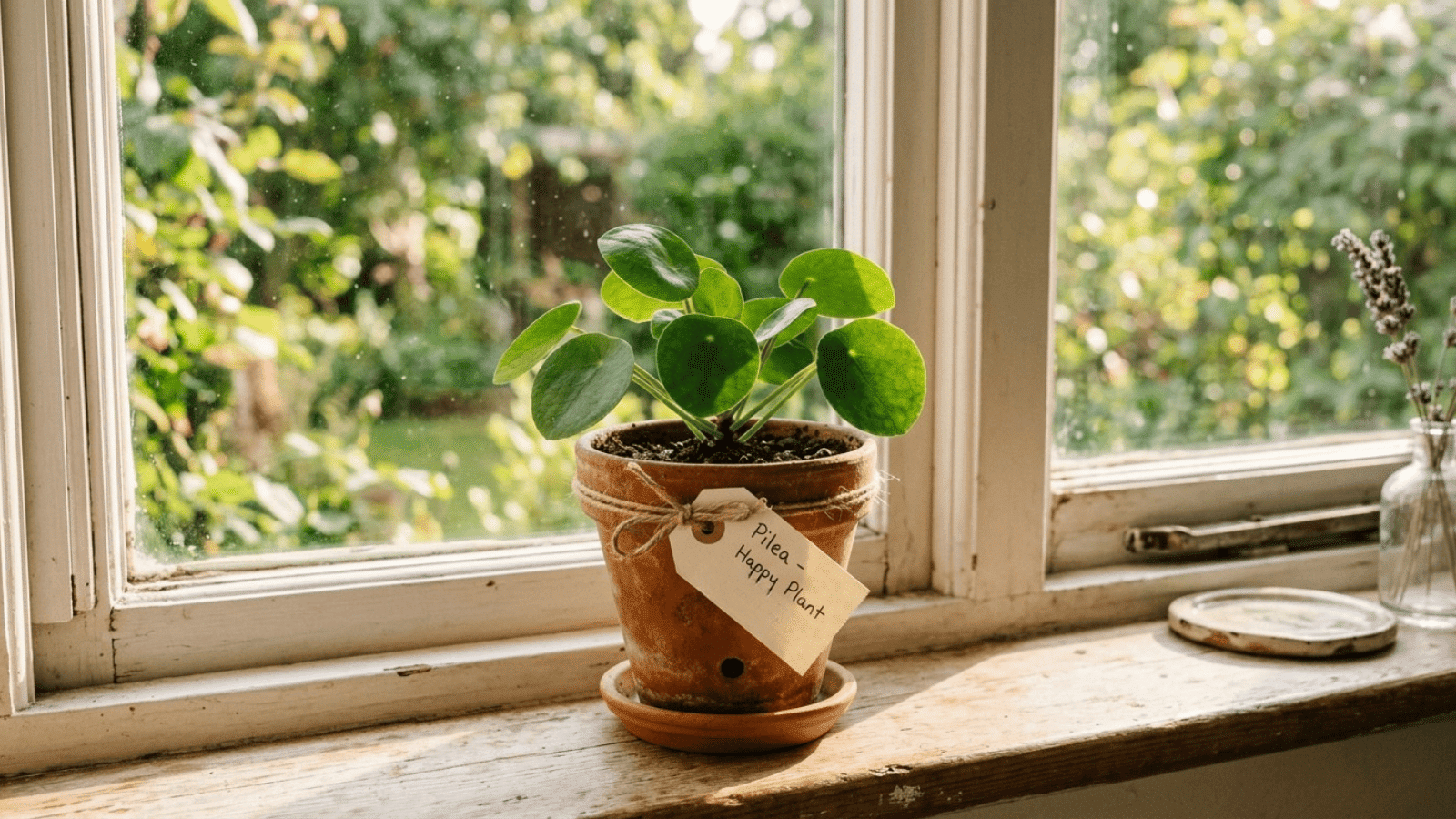 small potted plant on a windowsill in warm morning light, a simple terracotta pot with a handwritten tag tied to it, clean and fresh aesthetic