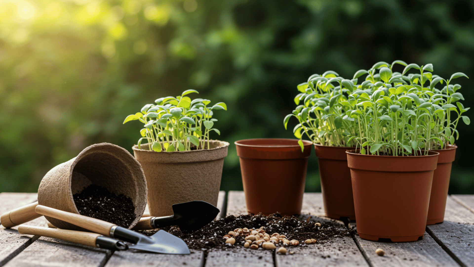 small potted seedlings growing on a wooden table with soil, seeds, and gardening tools in warm natural sunlight.