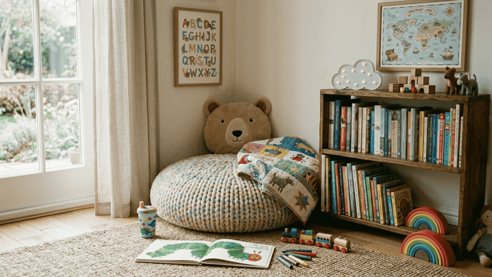 small reading nook with cushion and bookshelf placed in a quiet corner of a compact playroom