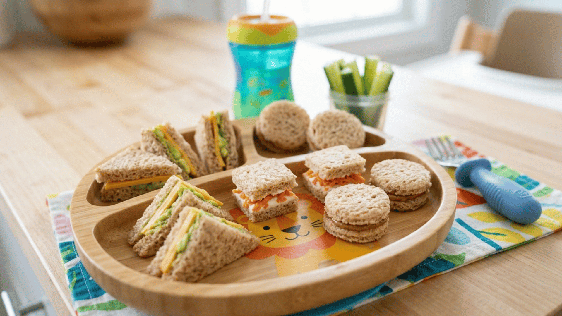 small sandwich pieces on a divided tray with sippy cup and veggie sticks.