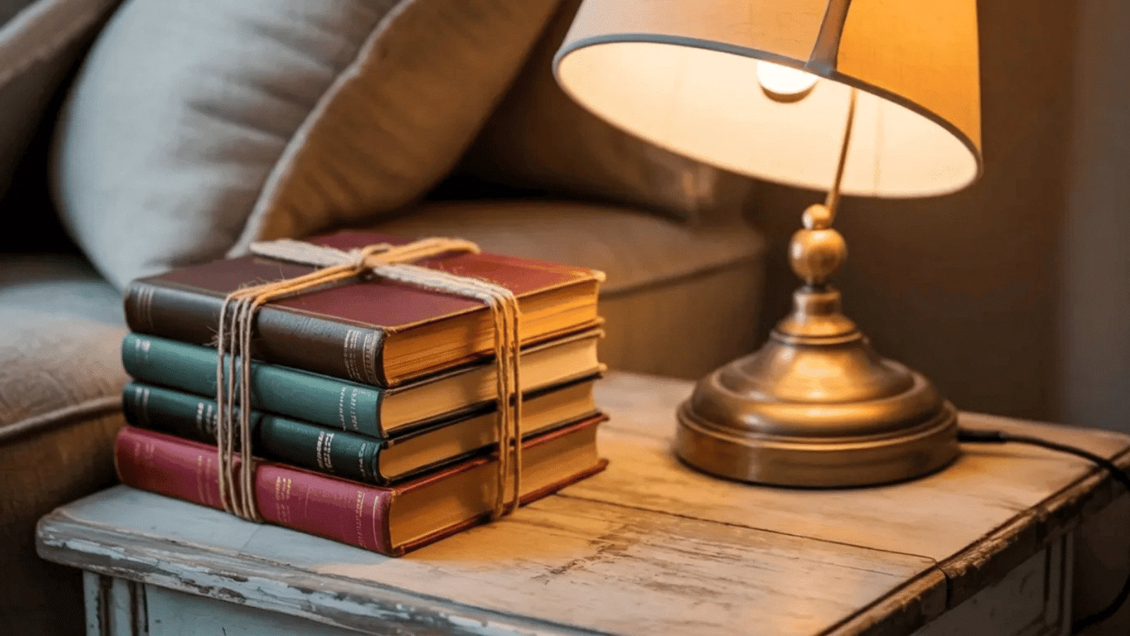 small stack of books tied with twine beside a sofa and a reading lamp on a side table, warm and cozy indoor lighting