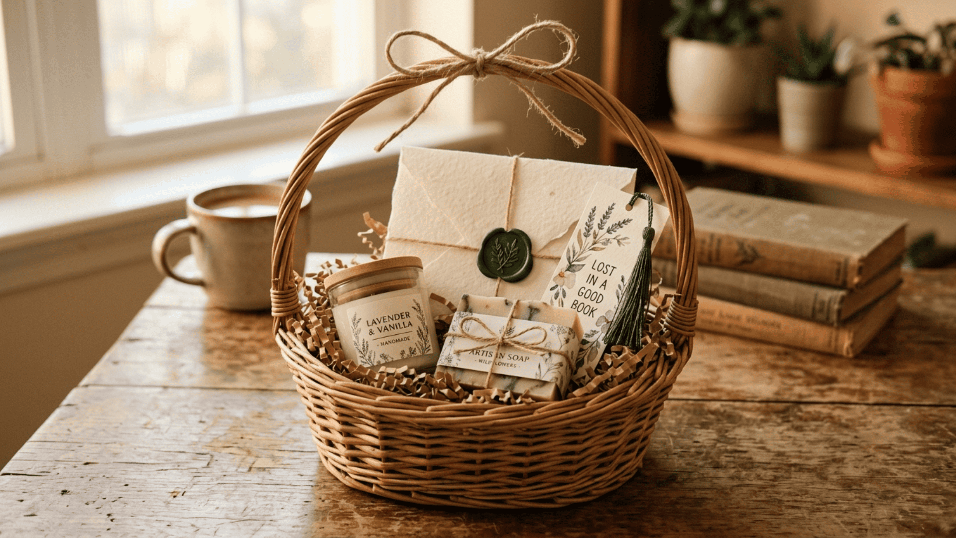 small wicker gift basket filled with handmade items including a candle jar soap bar and bookmark tied with a ribbon