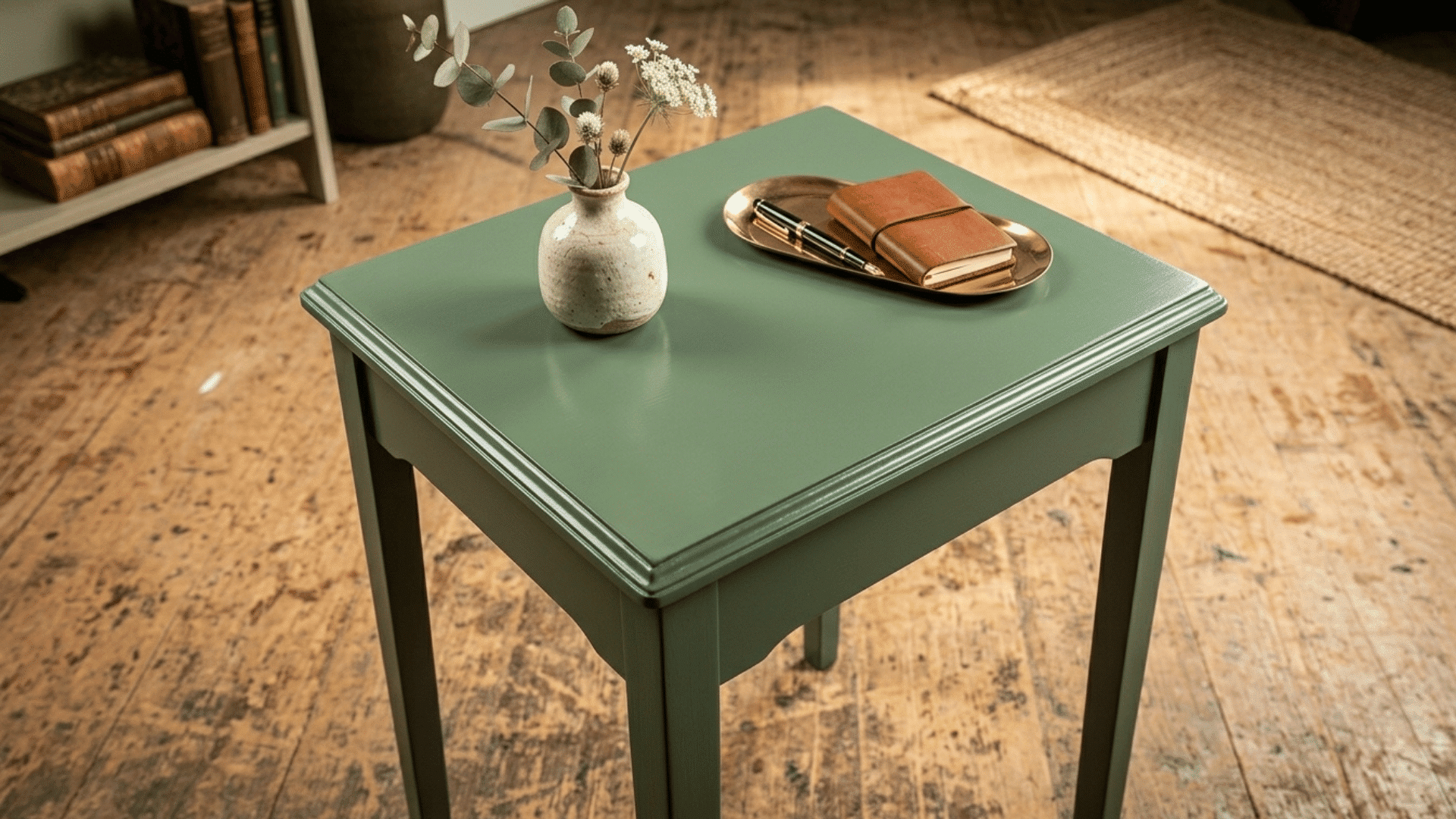 small wooden table refreshed with green paint and styled with decor items.