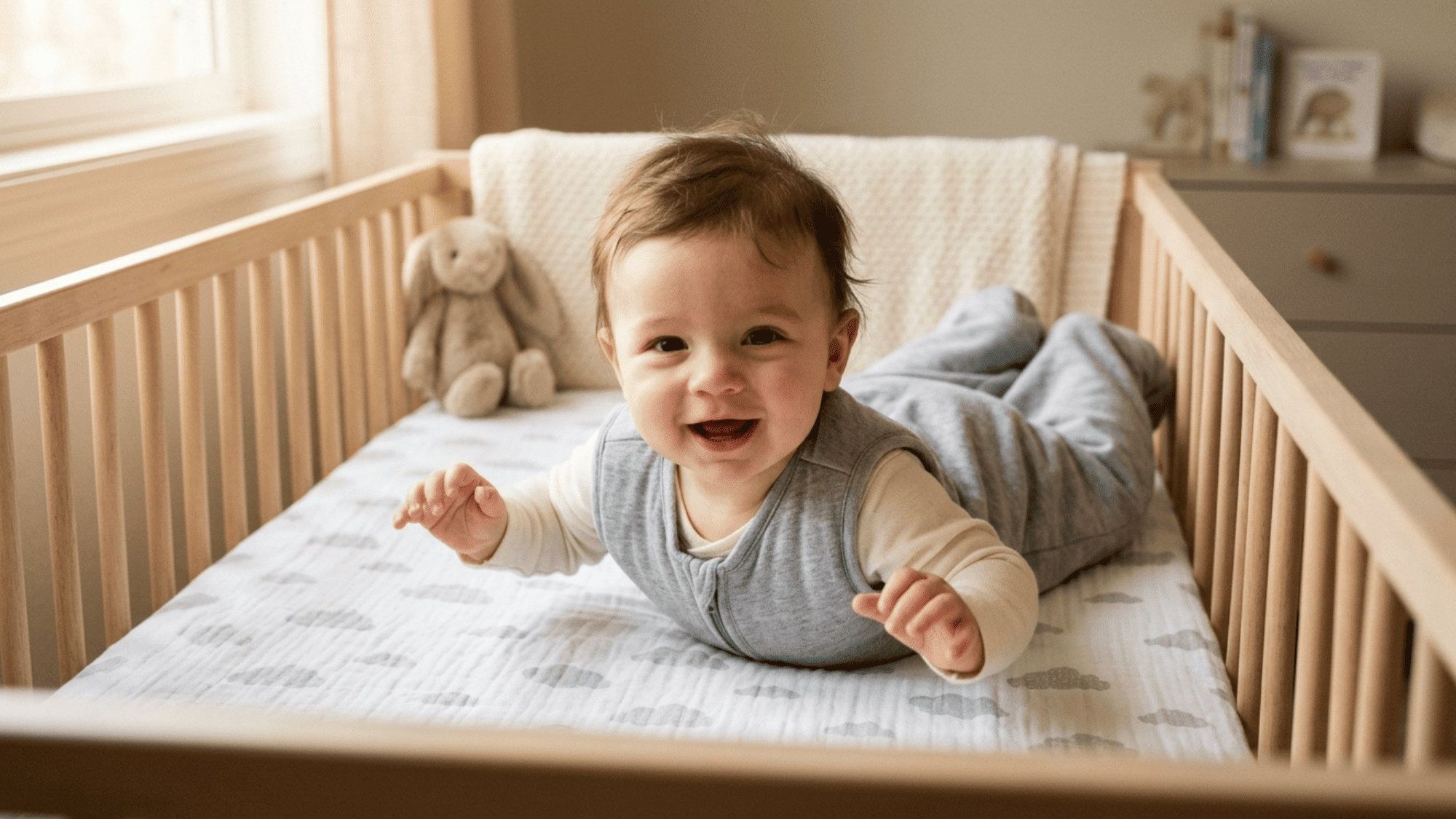 smiling baby lying on tummy inside crib reaching forward in cozy nursery with soft toys and neutral decor