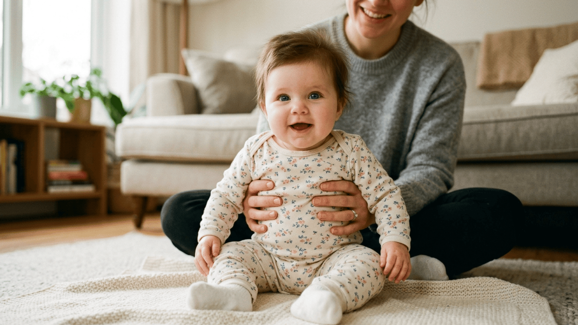 smiling baby sitting supported by parent on soft rug in bright living room