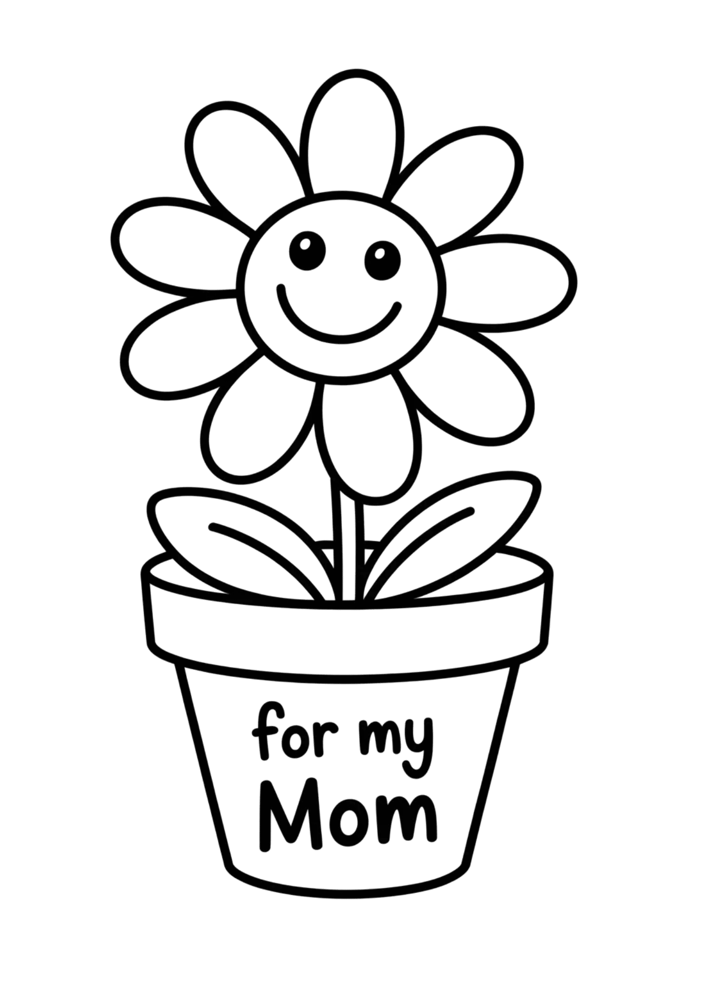 smiling flower in pot labeled for my mom, simple cartoon line art with cheerful and loving theme