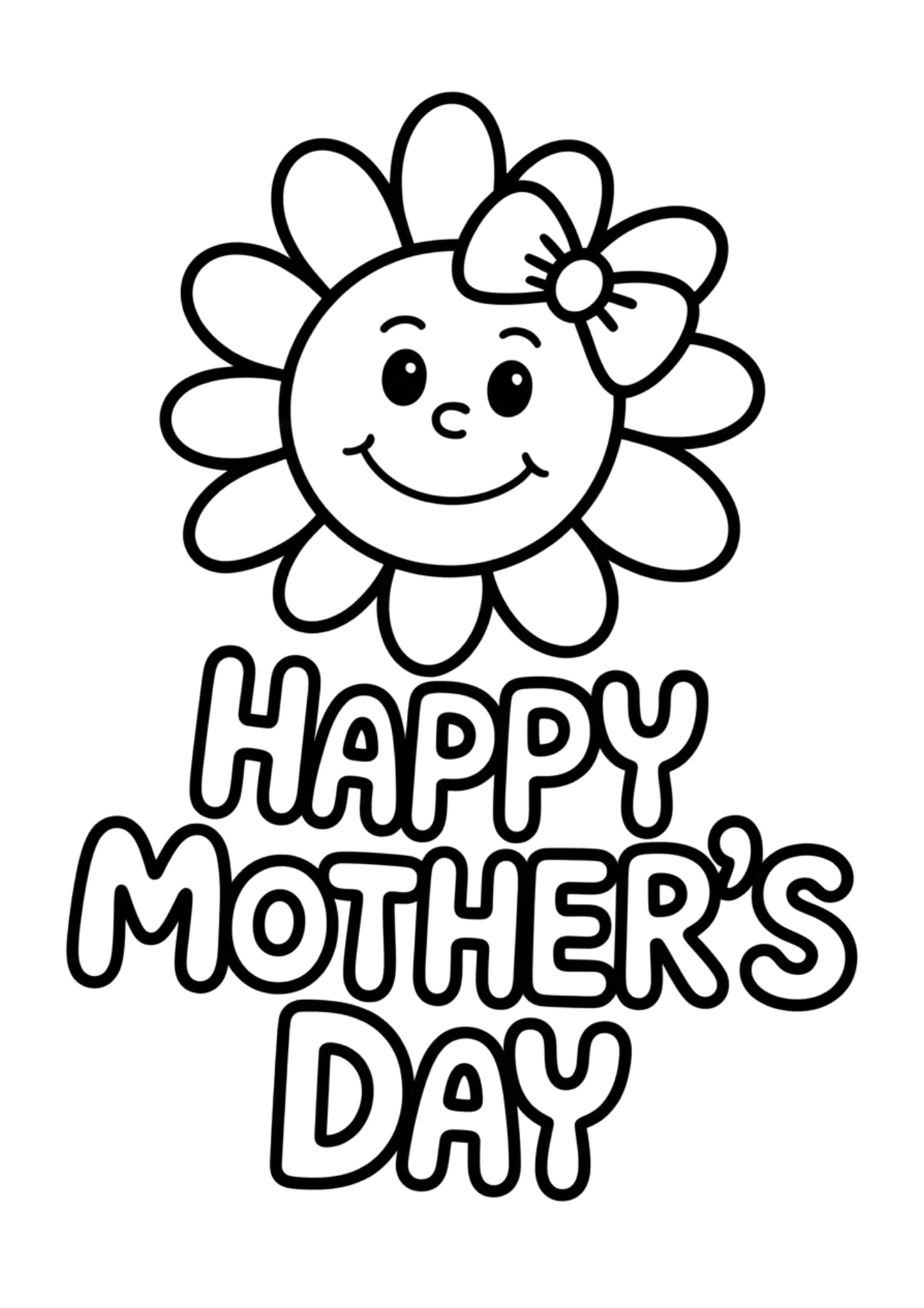 smiling flower with a bow above bold text happy mothers day in a playful and simple coloring page design