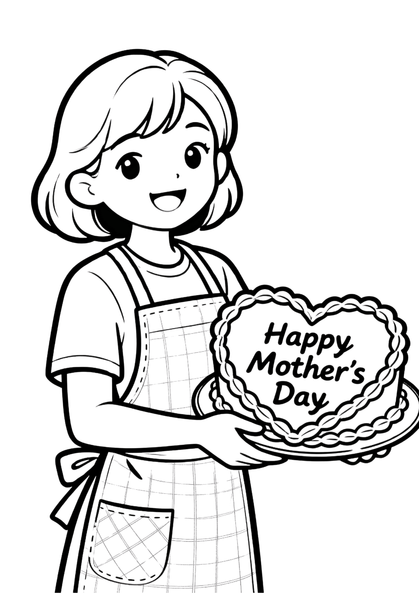 smiling girl holding a heart shaped cake that says happy mother’s day, wearing an apron in simple line drawing