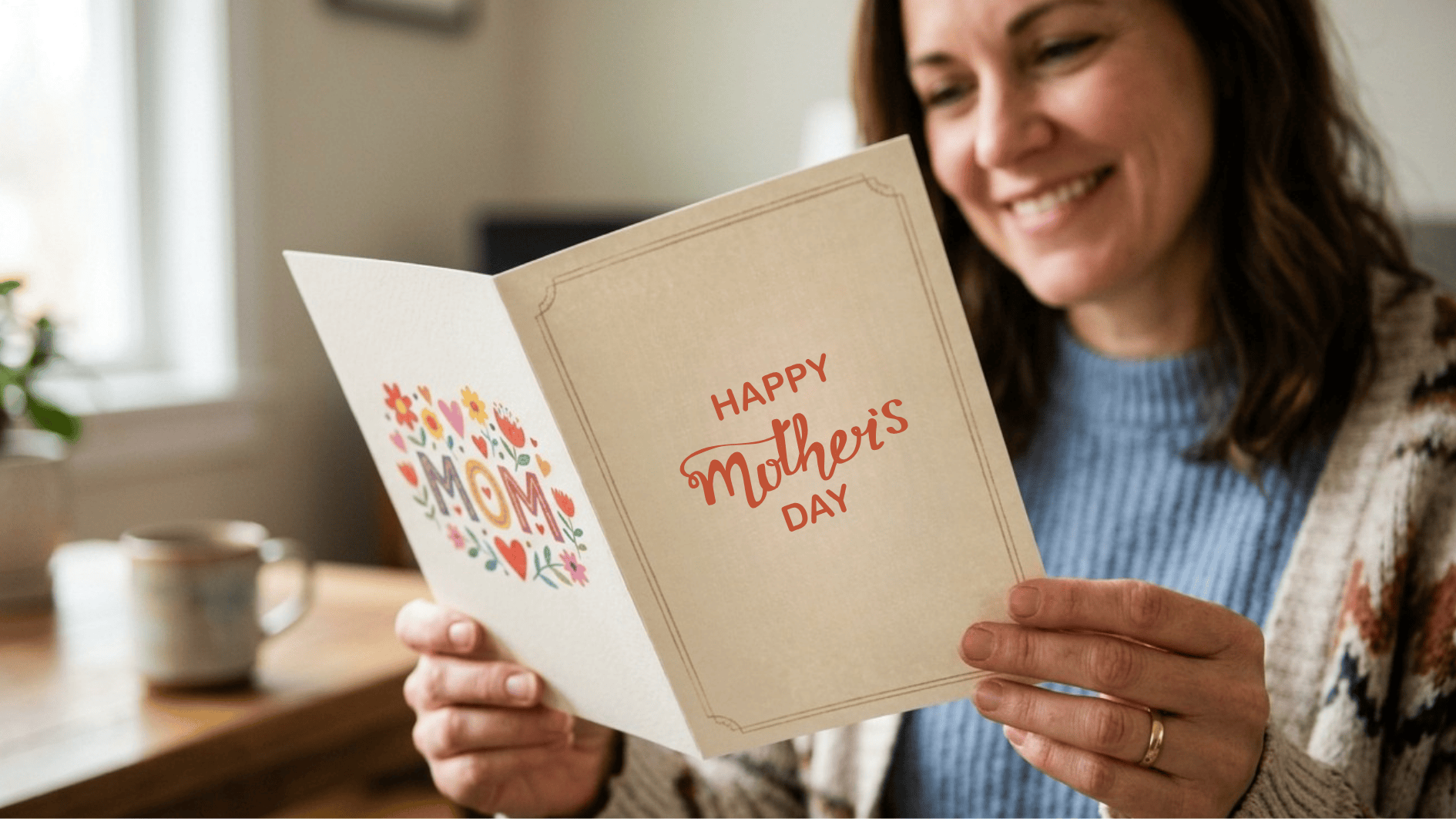 smiling mom reading a heartfelt Mother’s Day card with loving message, capturing emotion and appreciation in a cozy setting