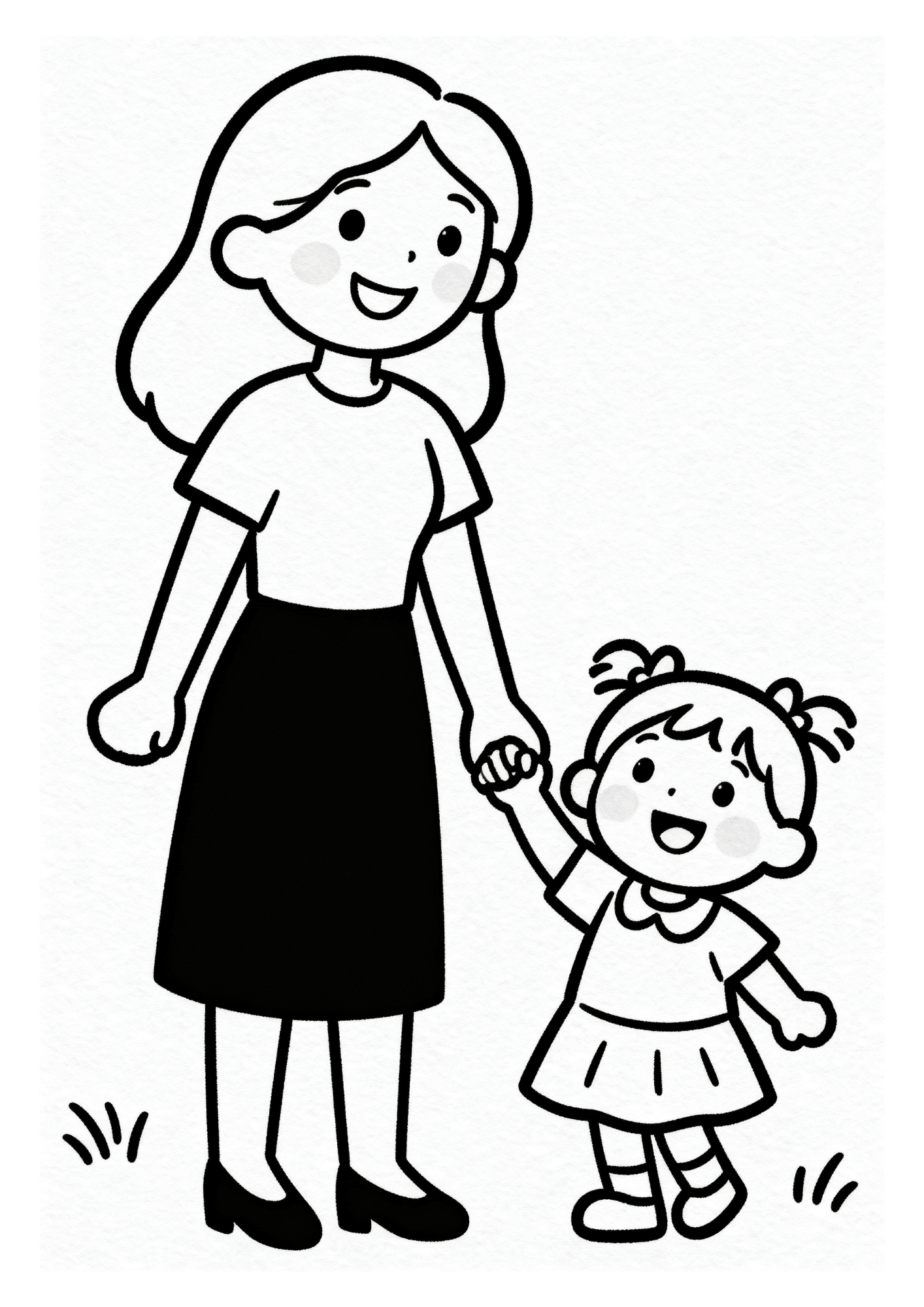 smiling mother and little girl holding hands standing together in simple cute line art coloring page style