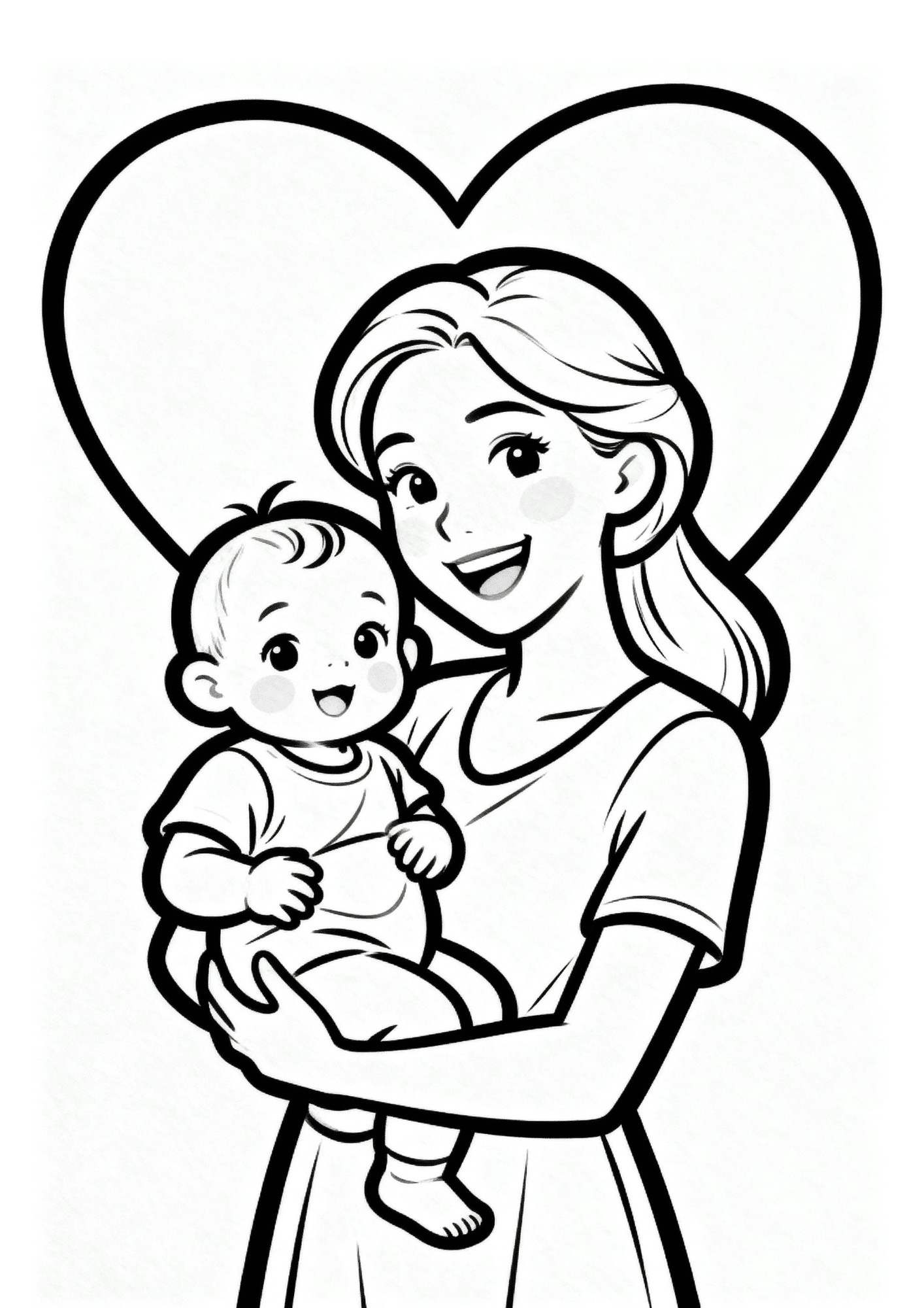 smiling mother holding baby close with large heart background in soft and simple cartoon coloring page style